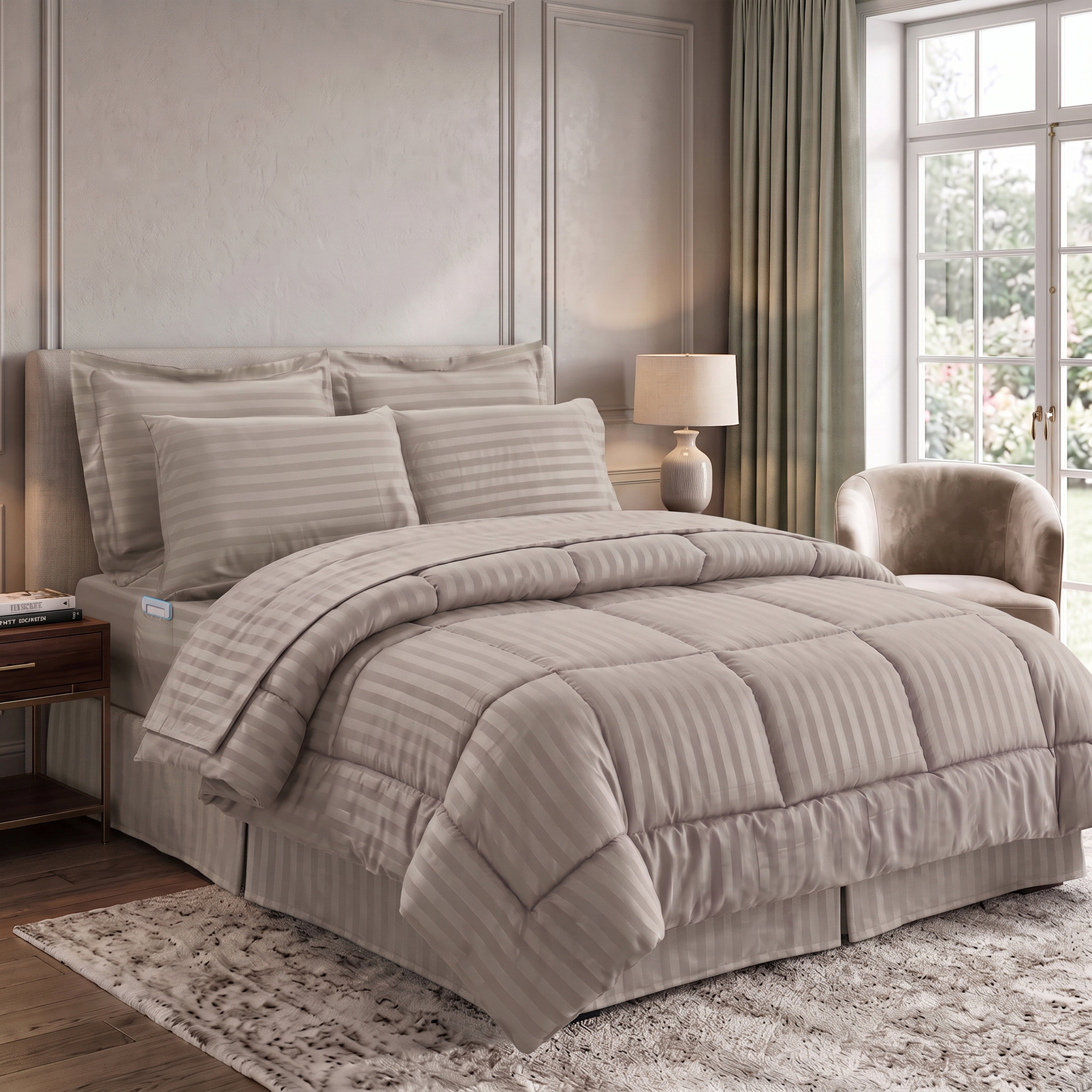 8-Piece Dobby Stripe Comforter Set - Includes 4-Piece Sheet Set with Double Sided Storage Pockets