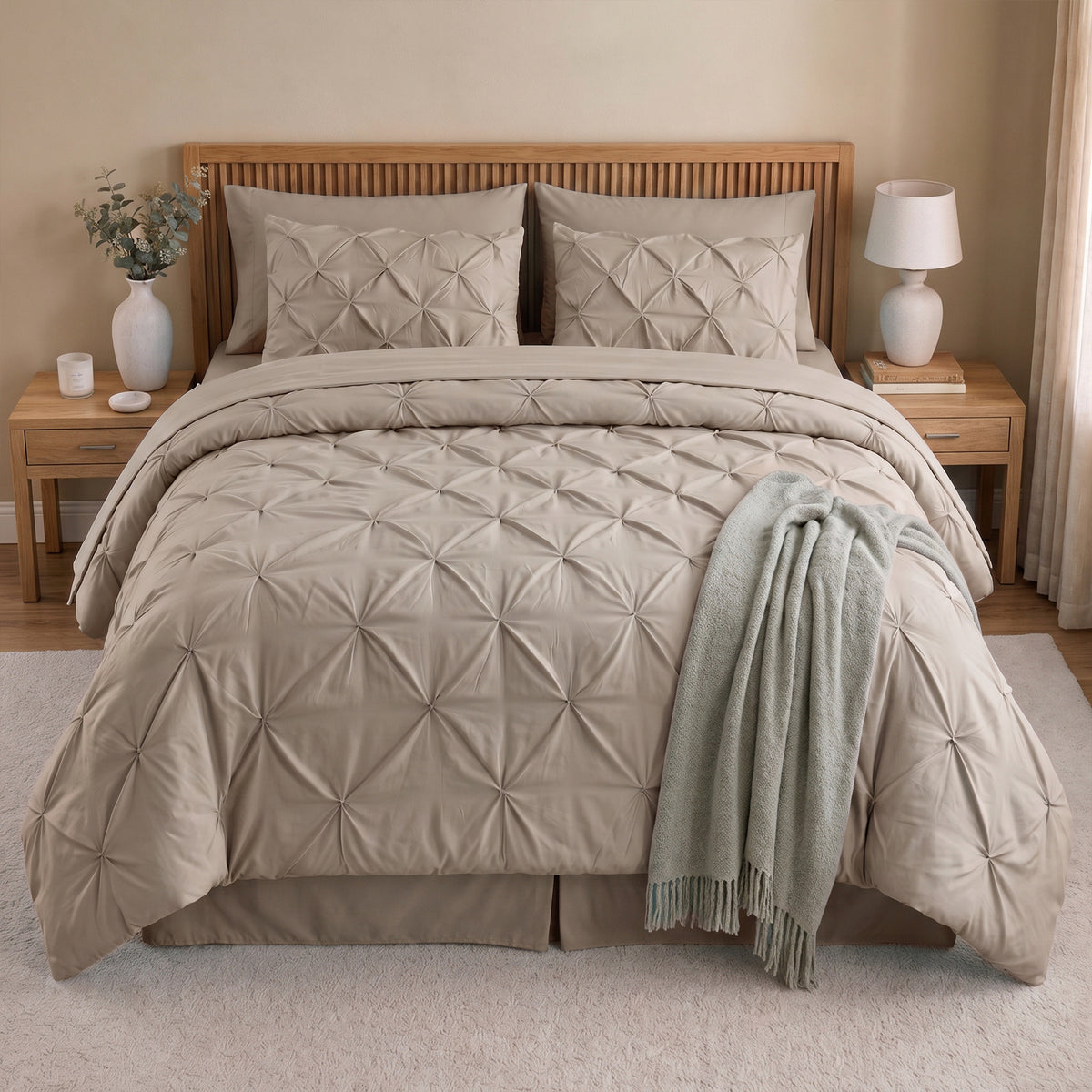 8-Piece Pintuck Pinch Pleated Comforter Set - Includes 4-Piece Sheet Set with Double Sided Storage Pockets
