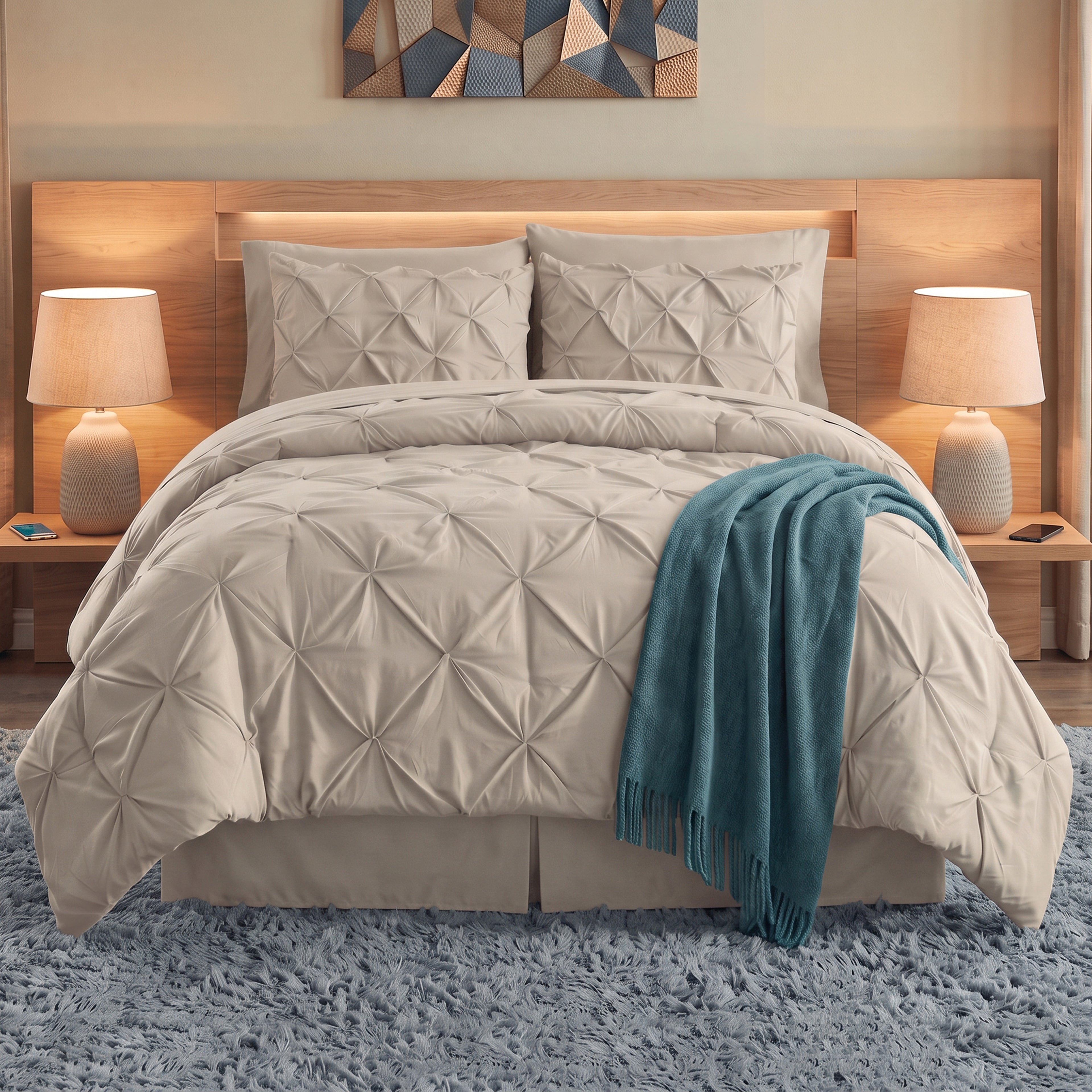 8-Piece Pintuck Pinch Pleated Comforter Set - Includes 4-Piece Sheet Set with Double Sided Storage Pockets