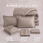 8-Piece Dobby Stripe Comforter Set - Includes 4-Piece Sheet Set with Double Sided Storage Pockets