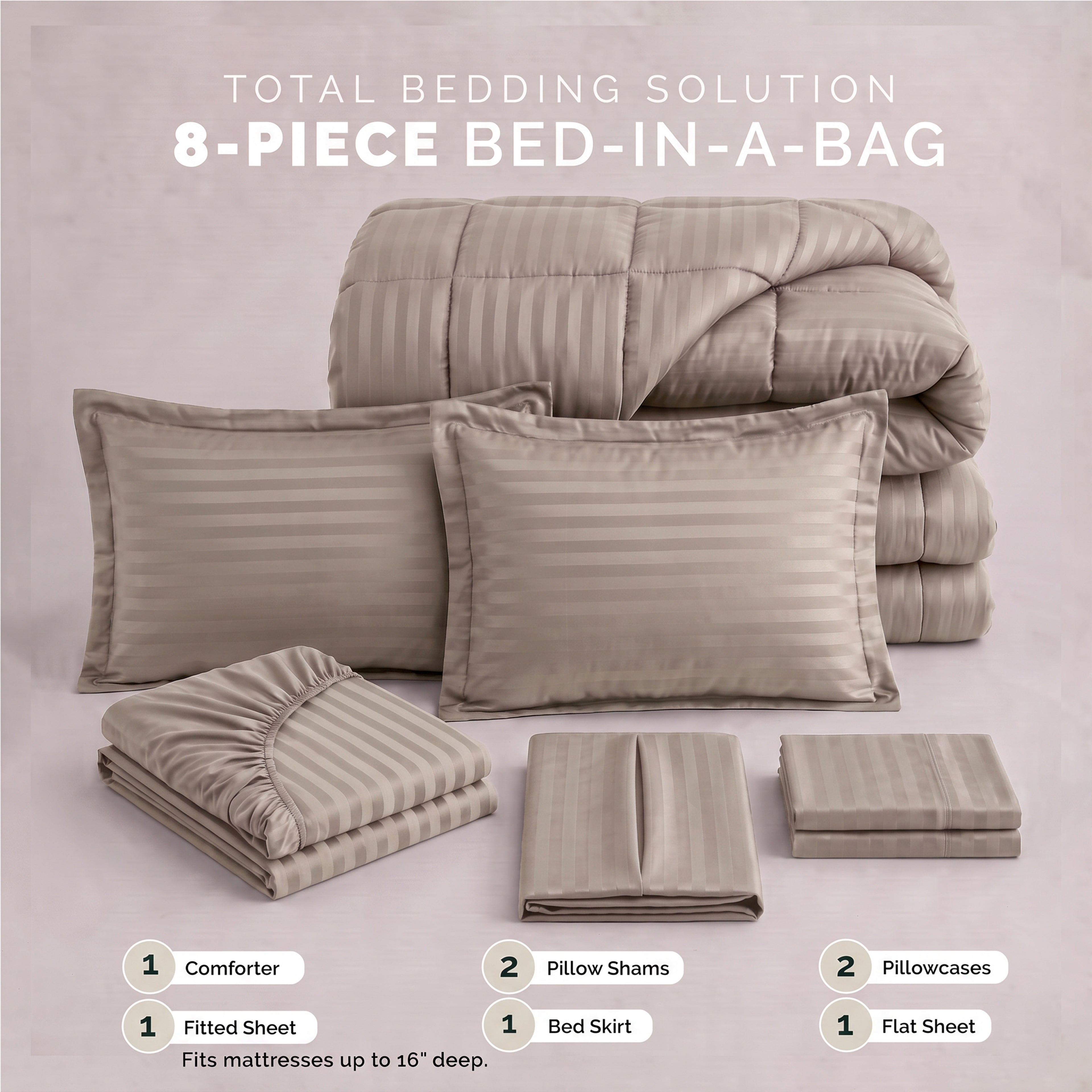 8-Piece Dobby Stripe Comforter Set - Includes 4-Piece Sheet Set with Double Sided Storage Pockets