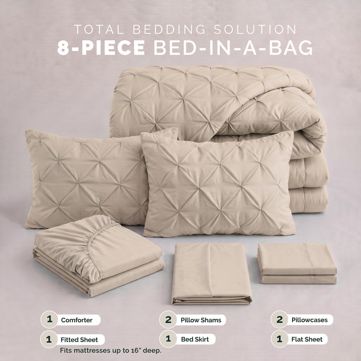 8-Piece Pintuck Pinch Pleated Comforter Set - Includes 4-Piece Sheet Set with Double Sided Storage Pockets