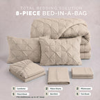 8-Piece Pintuck Pinch Pleated Comforter Set - Includes 4-Piece Sheet Set with Double Sided Storage Pockets