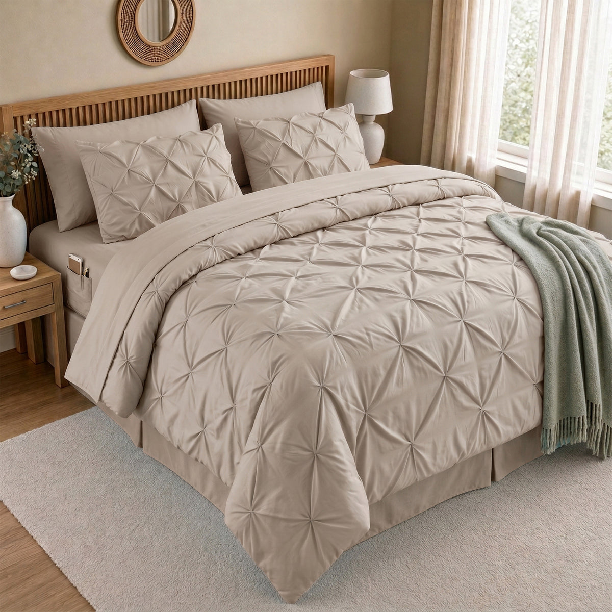8-Piece Pintuck Pinch Pleated Comforter Set - Includes 4-Piece Sheet Set with Double Sided Storage Pockets