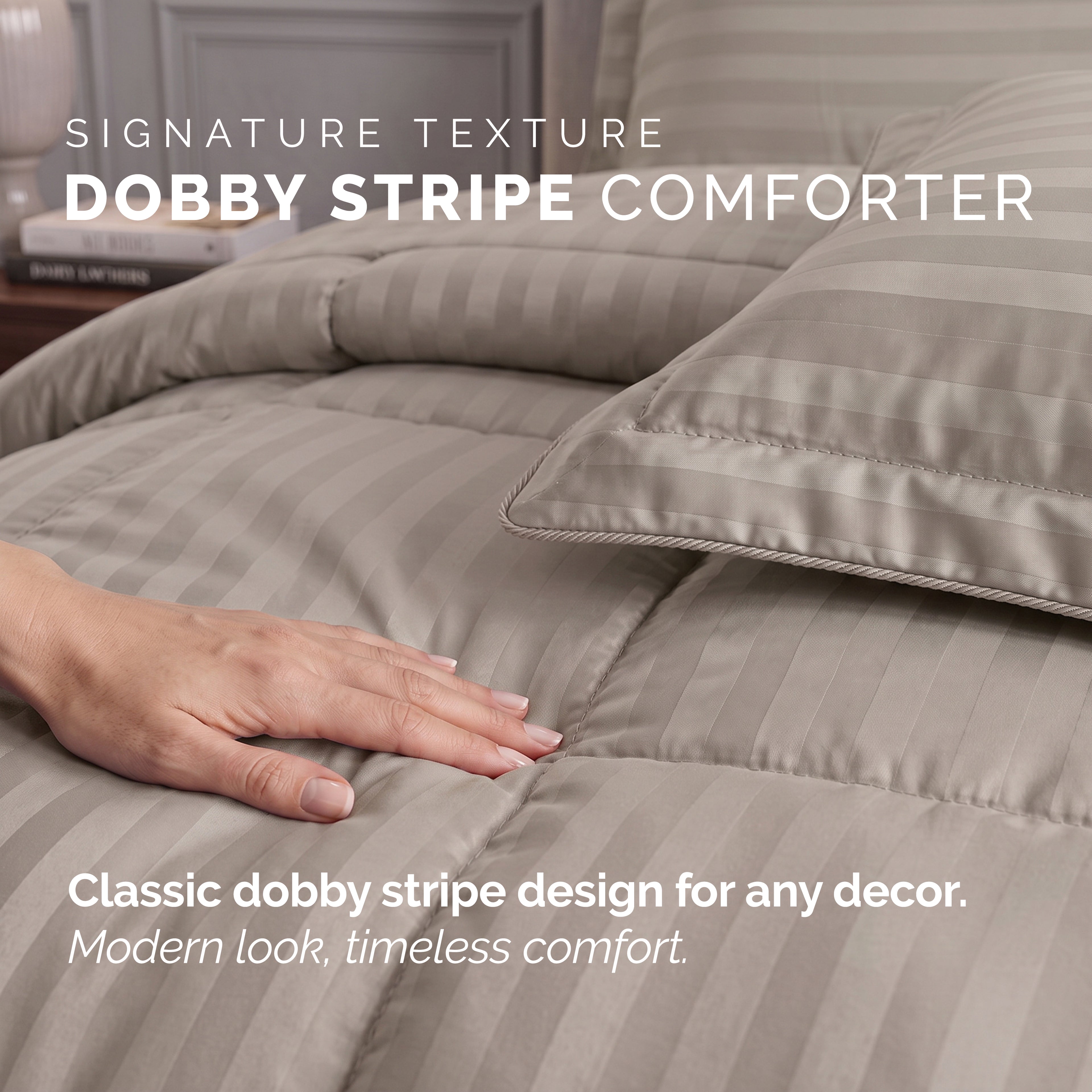 8-Piece Dobby Stripe Comforter Set - Includes 4-Piece Sheet Set with Double Sided Storage Pockets