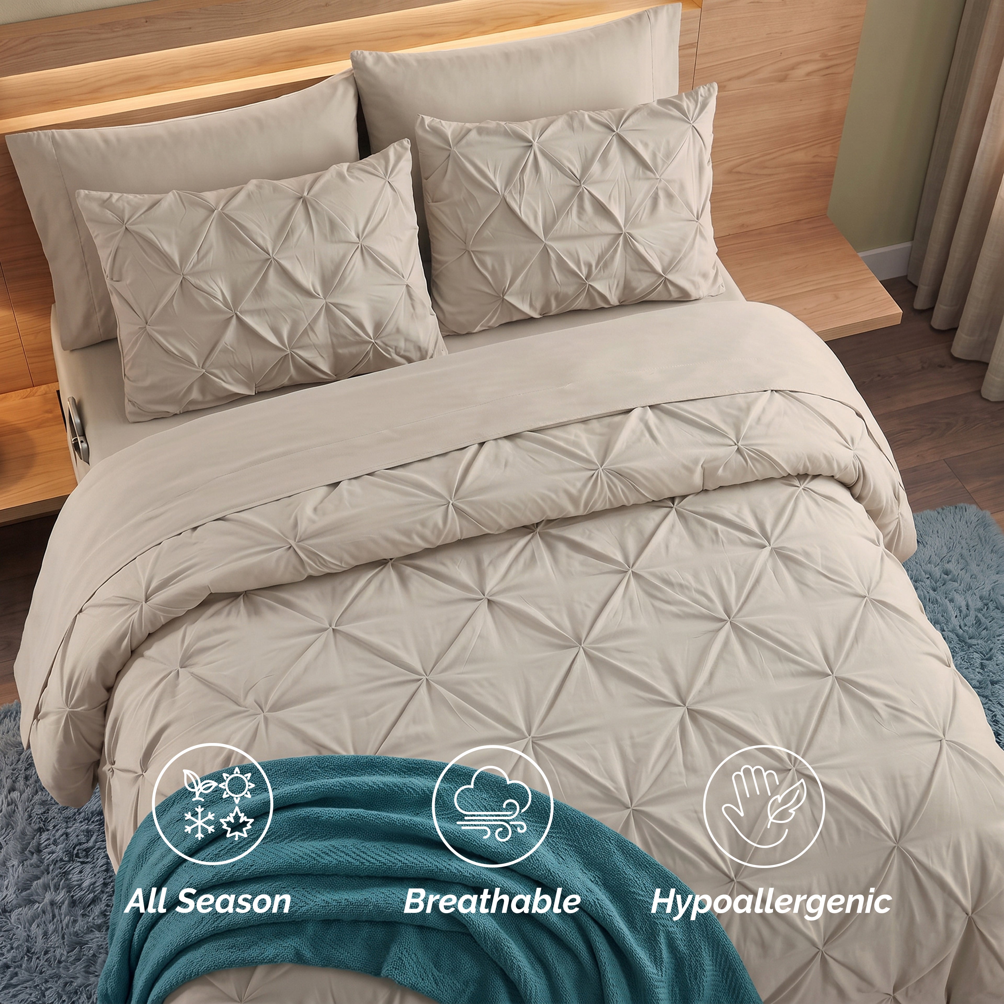 8-Piece Pintuck Pinch Pleated Comforter Set - Includes 4-Piece Sheet Set with Double Sided Storage Pockets