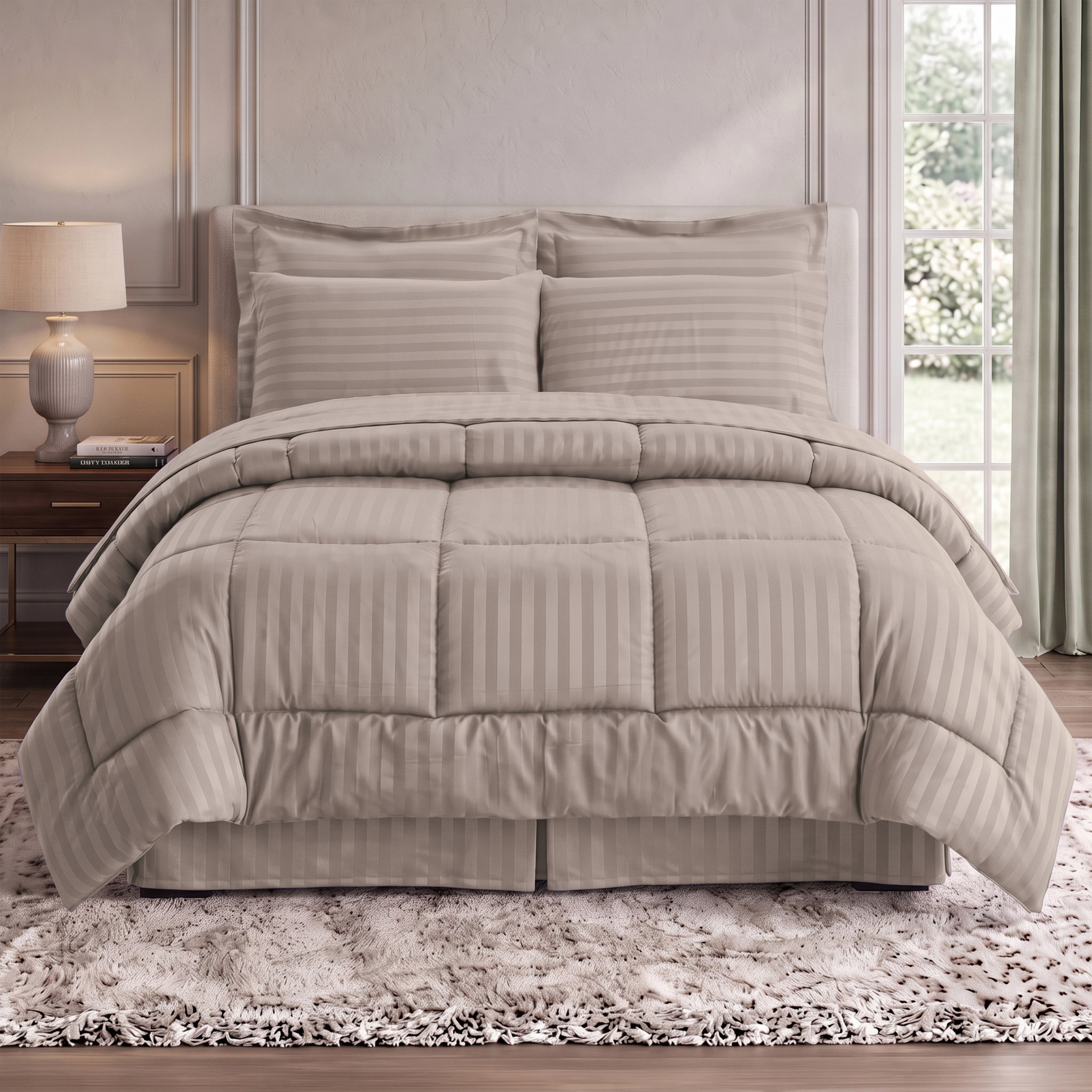 8-Piece Dobby Stripe Comforter Set - Includes 4-Piece Sheet Set with Double Sided Storage Pockets