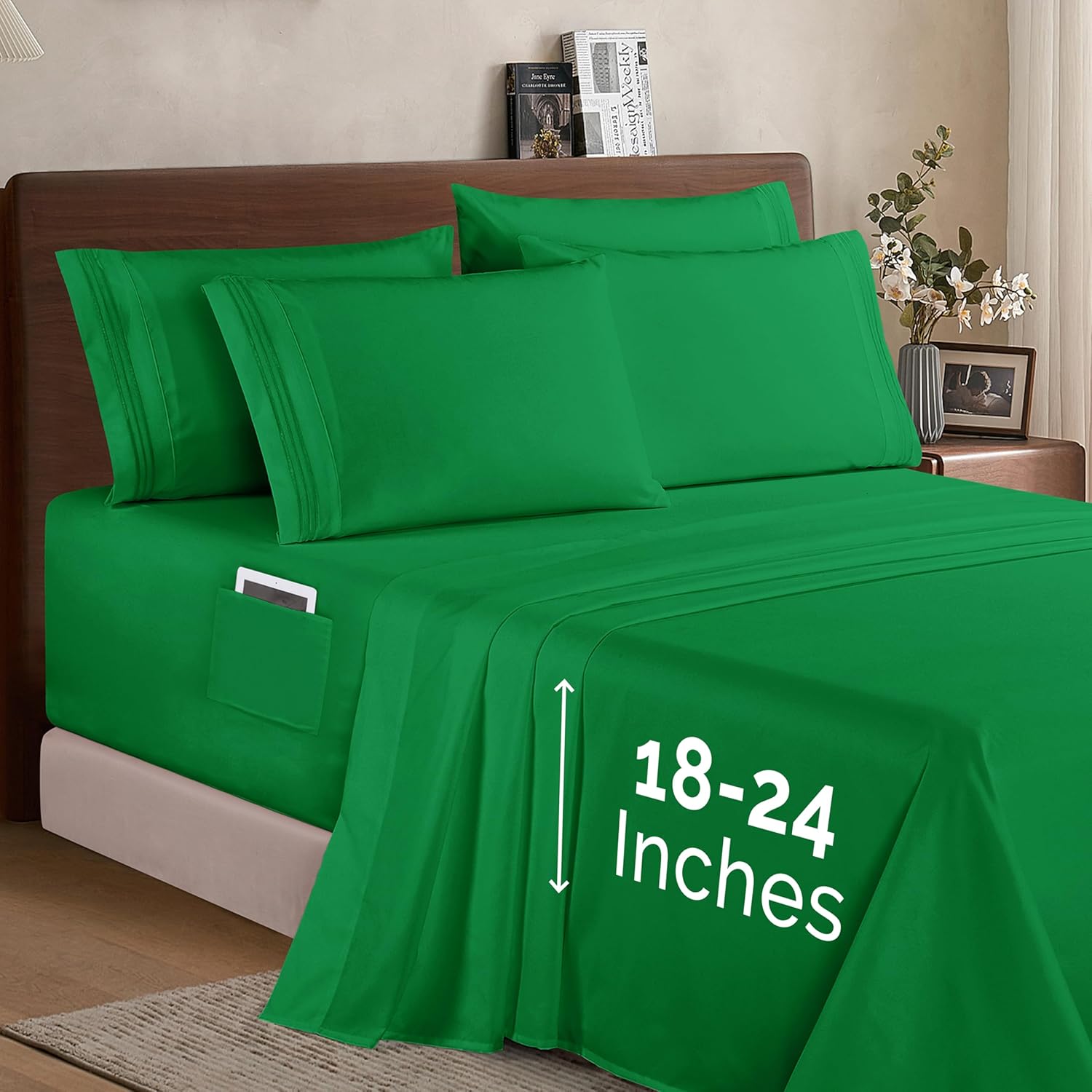 Extra deep Pocket 3 Line Embroidery, 6-Piece Sheet Set