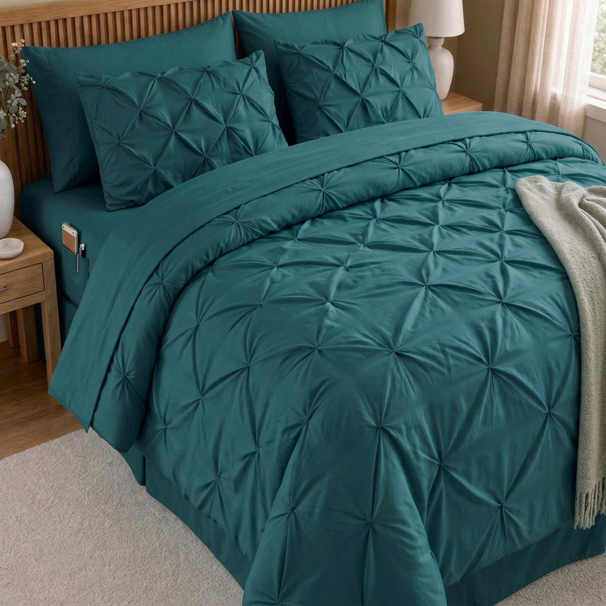 8-Piece Pintuck Pinch Pleated Comforter Set - Includes 4-Piece Sheet Set with Double Sided Storage Pockets