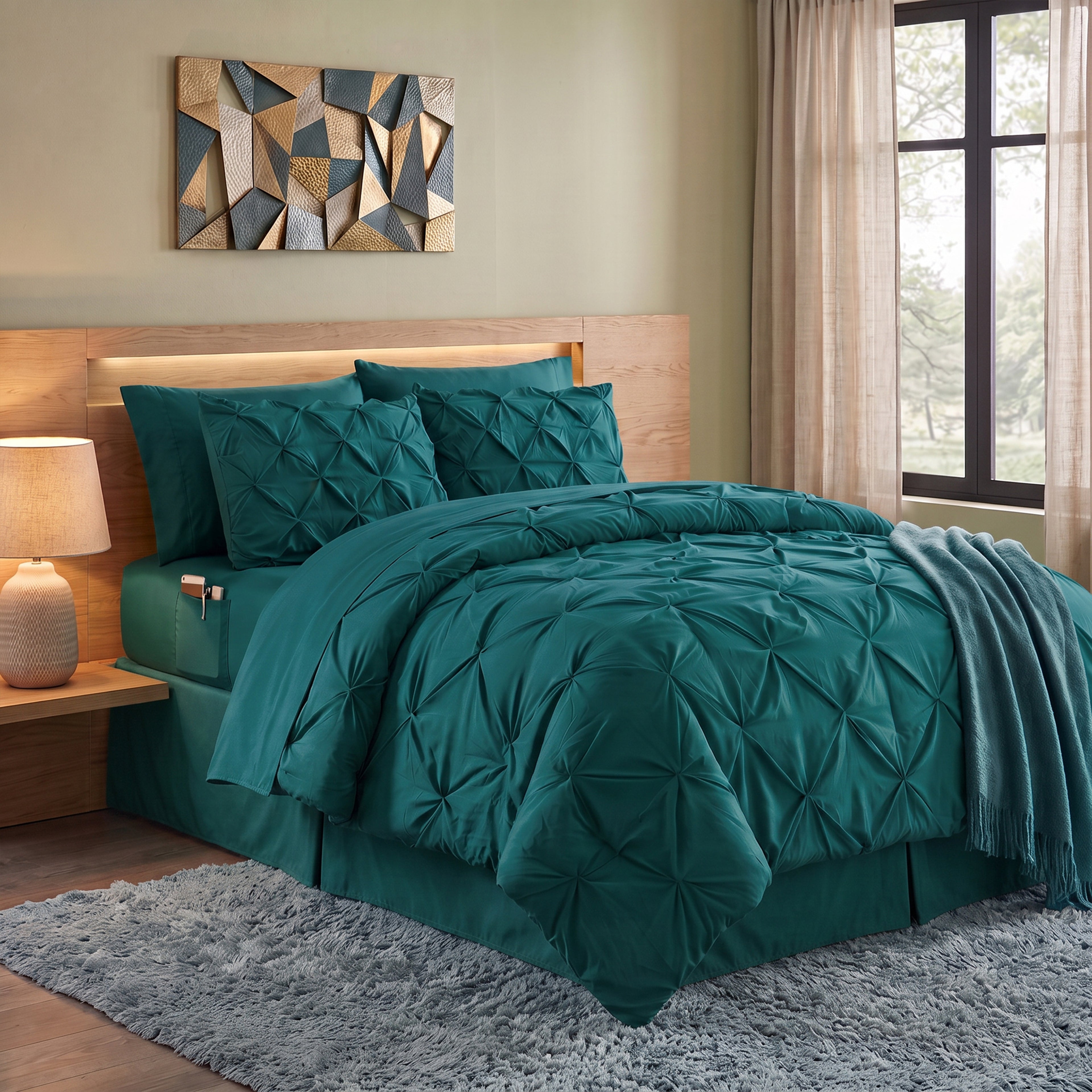 8-Piece Pintuck Pinch Pleated Comforter Set - Includes 4-Piece Sheet Set with Double Sided Storage Pockets