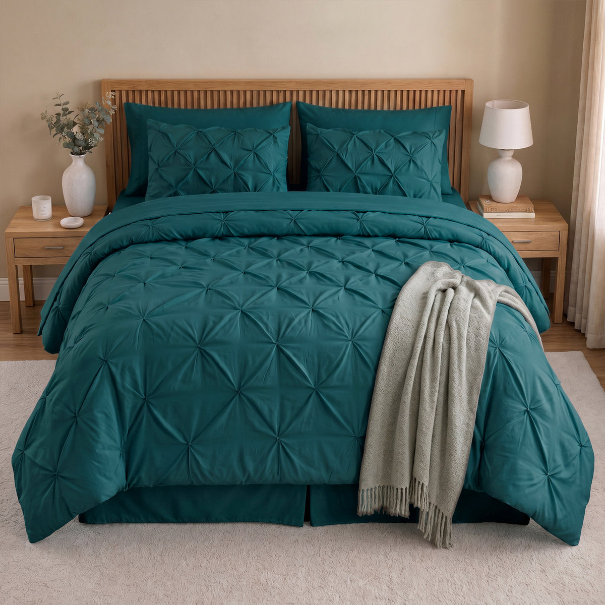 8-Piece Pintuck Pinch Pleated Comforter Set - Includes 4-Piece Sheet Set with Double Sided Storage Pockets