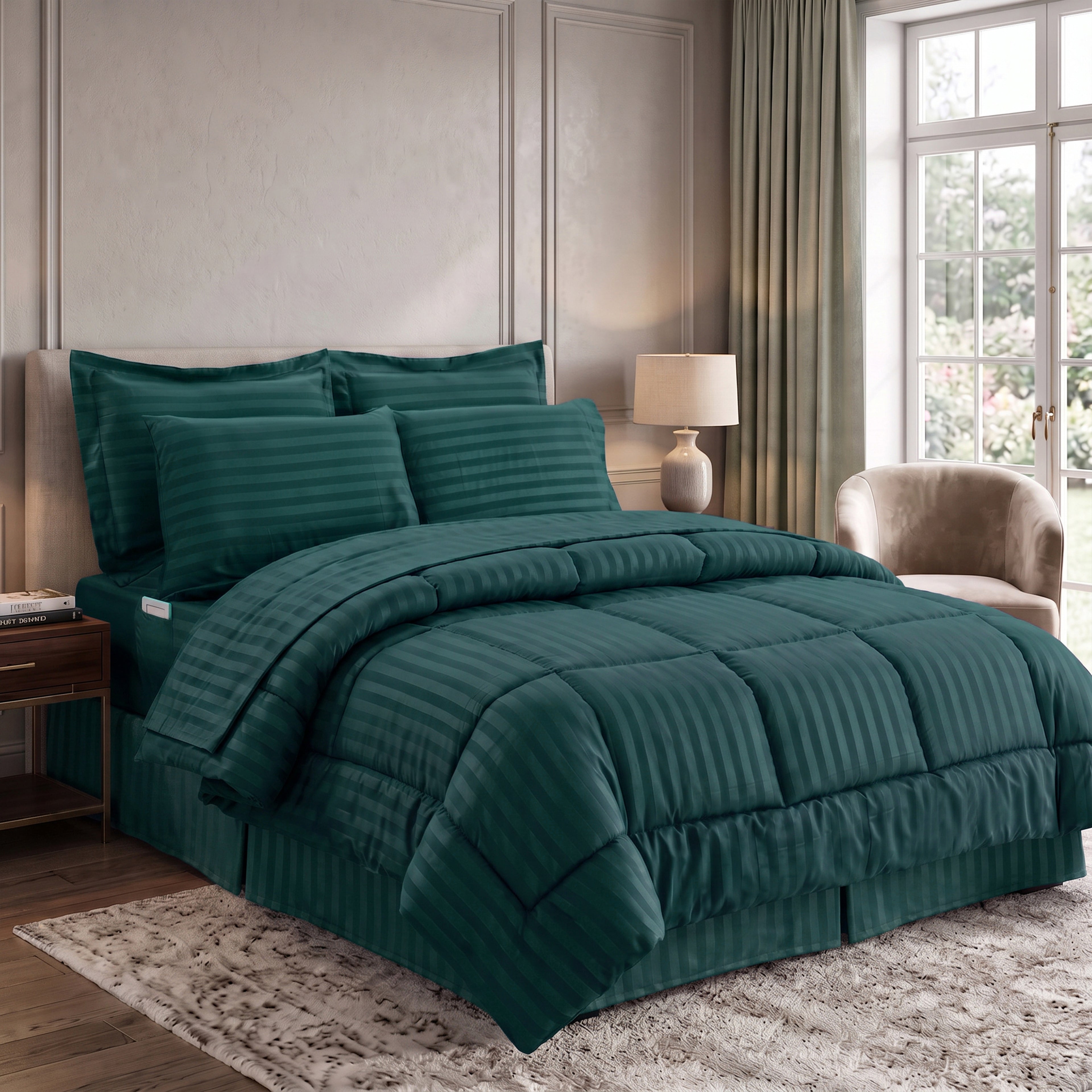 8-Piece Dobby Stripe Comforter Set - Includes 4-Piece Sheet Set with Double Sided Storage Pockets