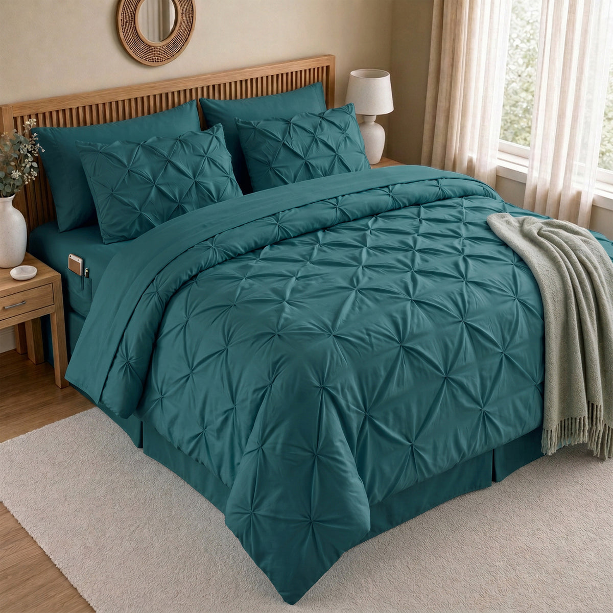 8-Piece Pintuck Pinch Pleated Comforter Set - Includes 4-Piece Sheet Set with Double Sided Storage Pockets