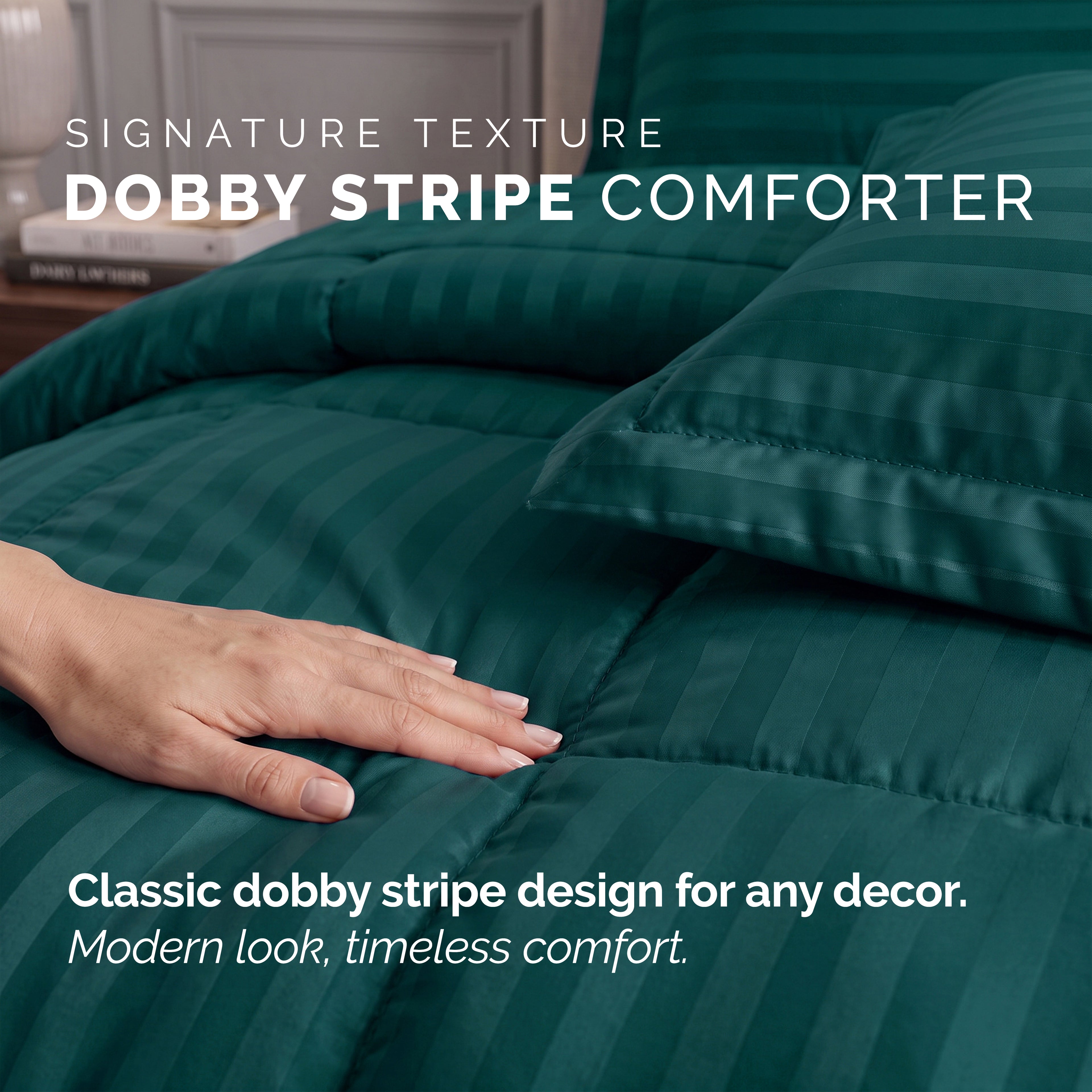 8-Piece Dobby Stripe Comforter Set - Includes 4-Piece Sheet Set with Double Sided Storage Pockets