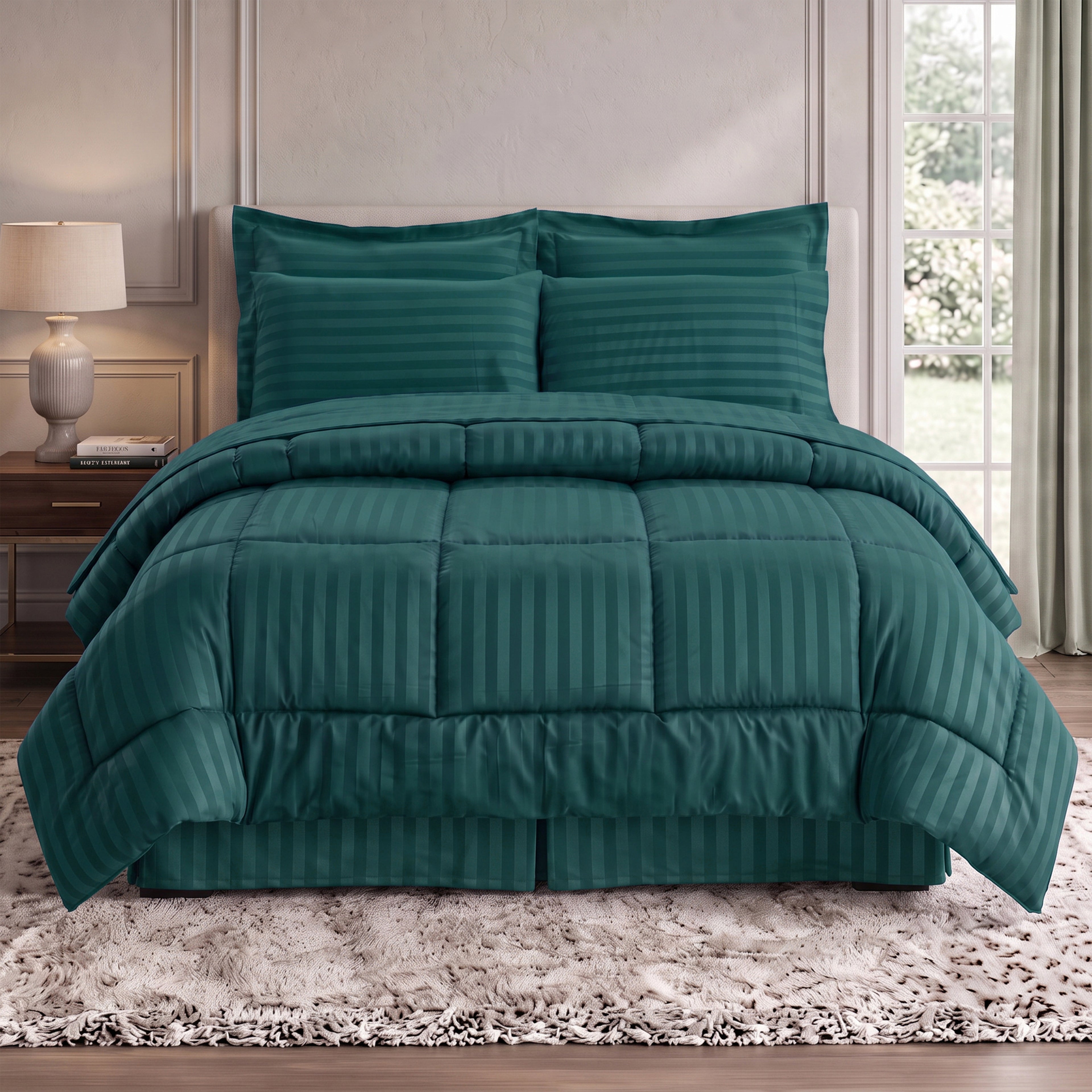8-Piece Dobby Stripe Comforter Set - Includes 4-Piece Sheet Set with Double Sided Storage Pockets