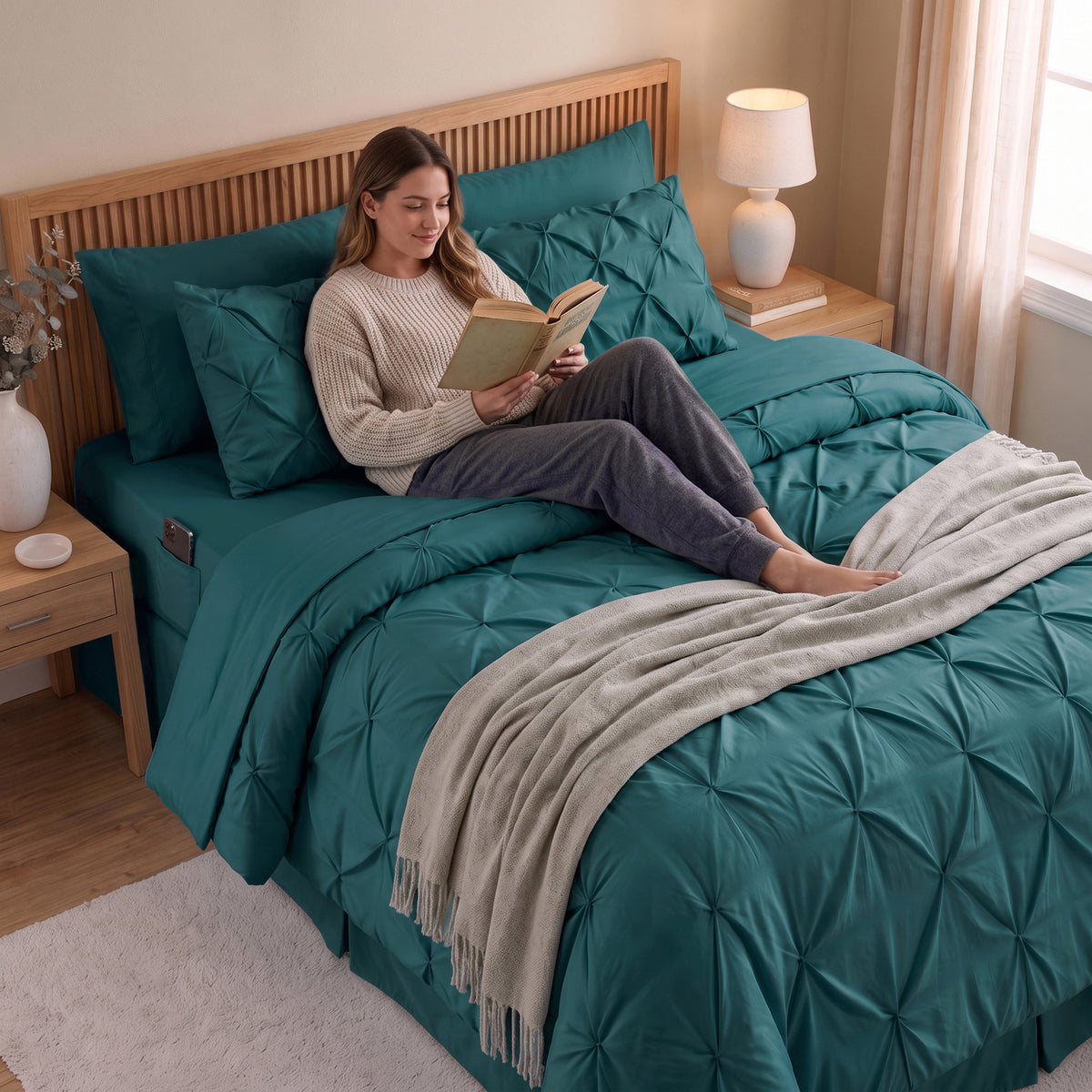 8-Piece Pintuck Pinch Pleated Comforter Set - Includes 4-Piece Sheet Set with Double Sided Storage Pockets