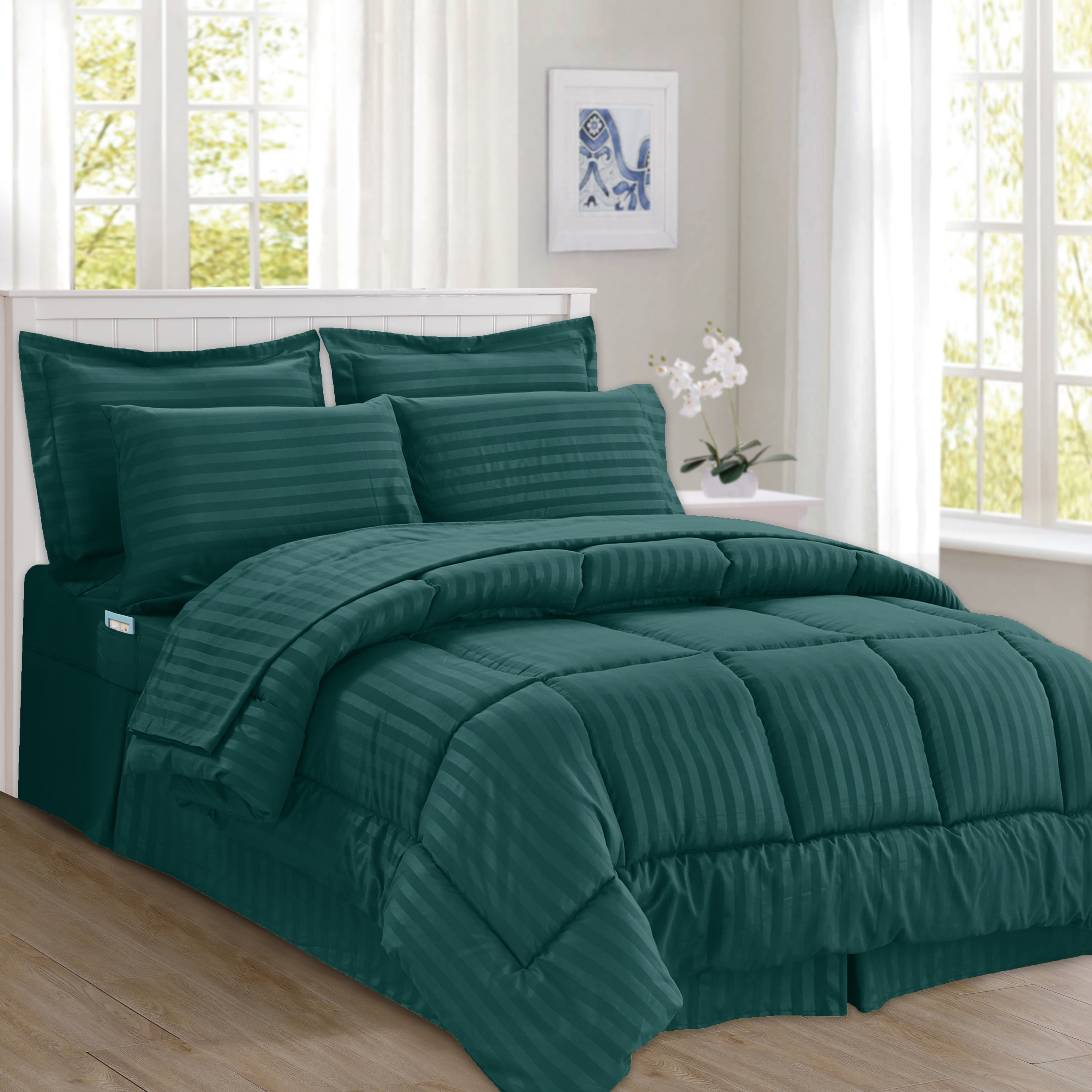 8-Piece Dobby Stripe Comforter Set - Includes 4-Piece Sheet Set with Double Sided Storage Pockets