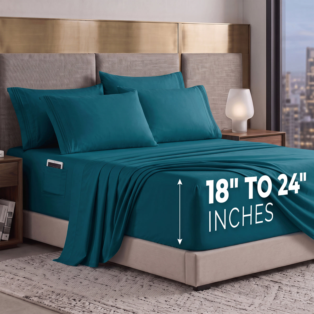 Extra deep 18-24 Inch Pocket 3 Line Embroidery, 6-Piece Sheet Set, Moody Shades