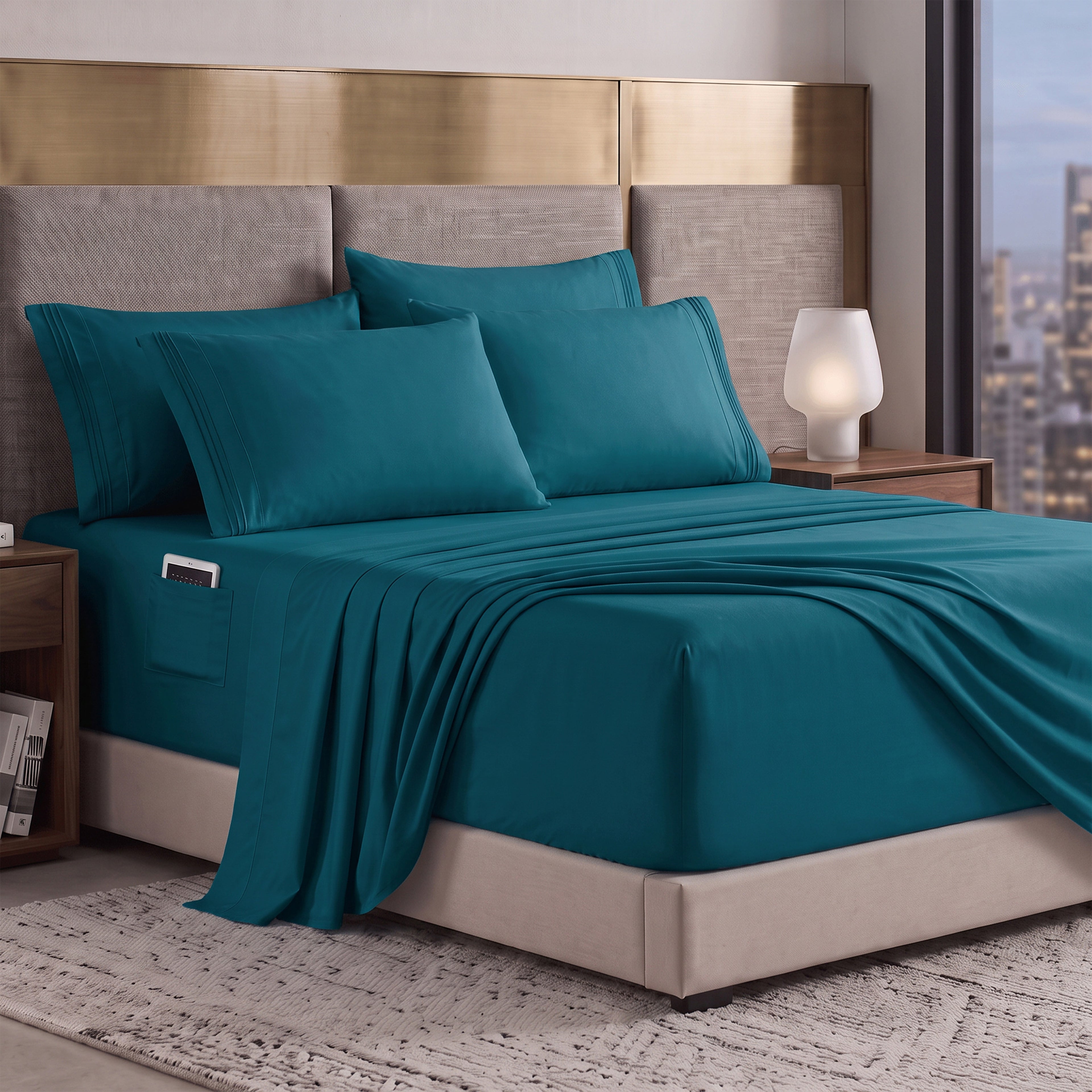 Extra deep 18-24 Inch Pocket 3 Line Embroidery, 6-Piece Sheet Set, Moody Shades