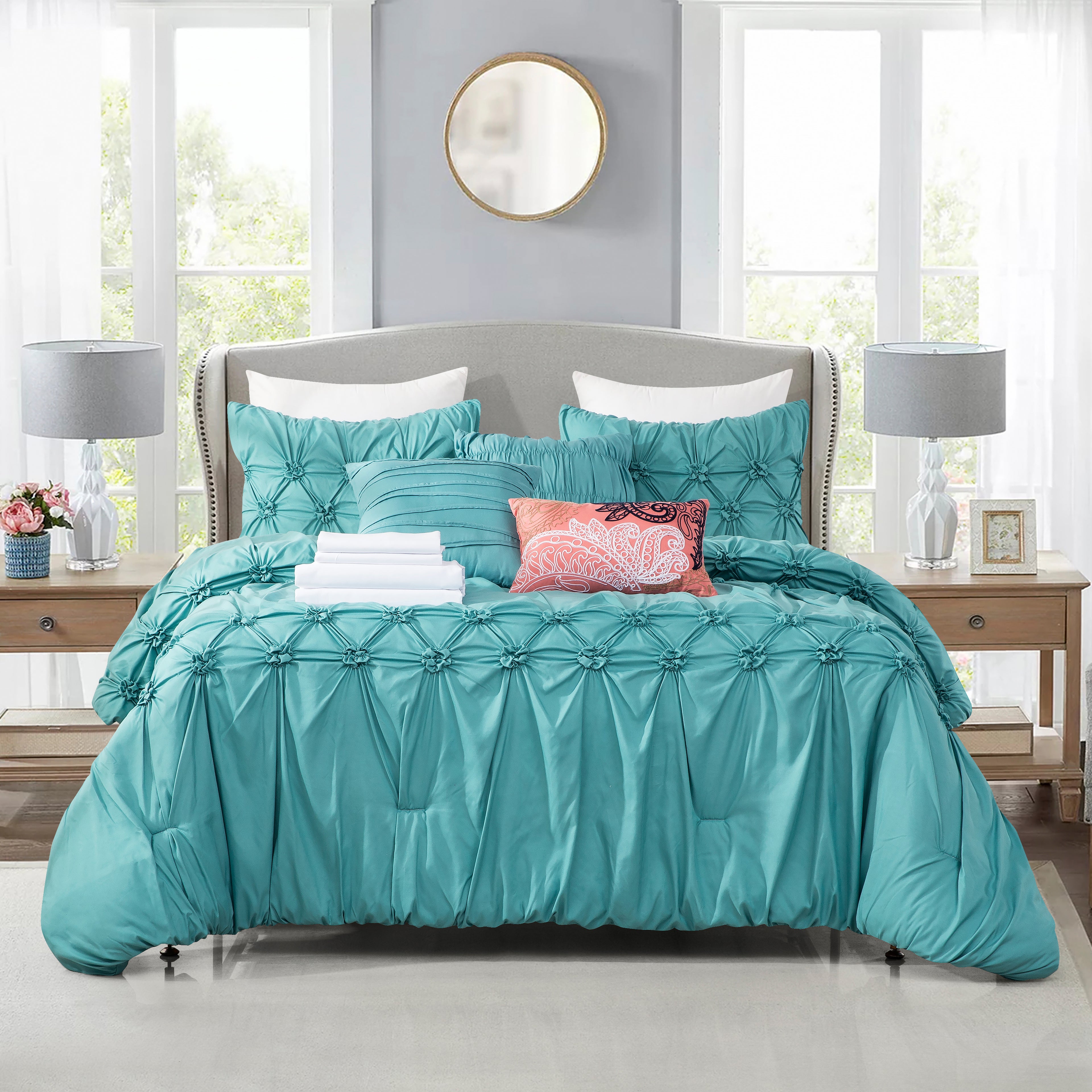 12-Piece Ella Pleated Ruched Pintuck Comforter Set, Includes 6-Piece Sheet Set with Double Sided Storage Pockets