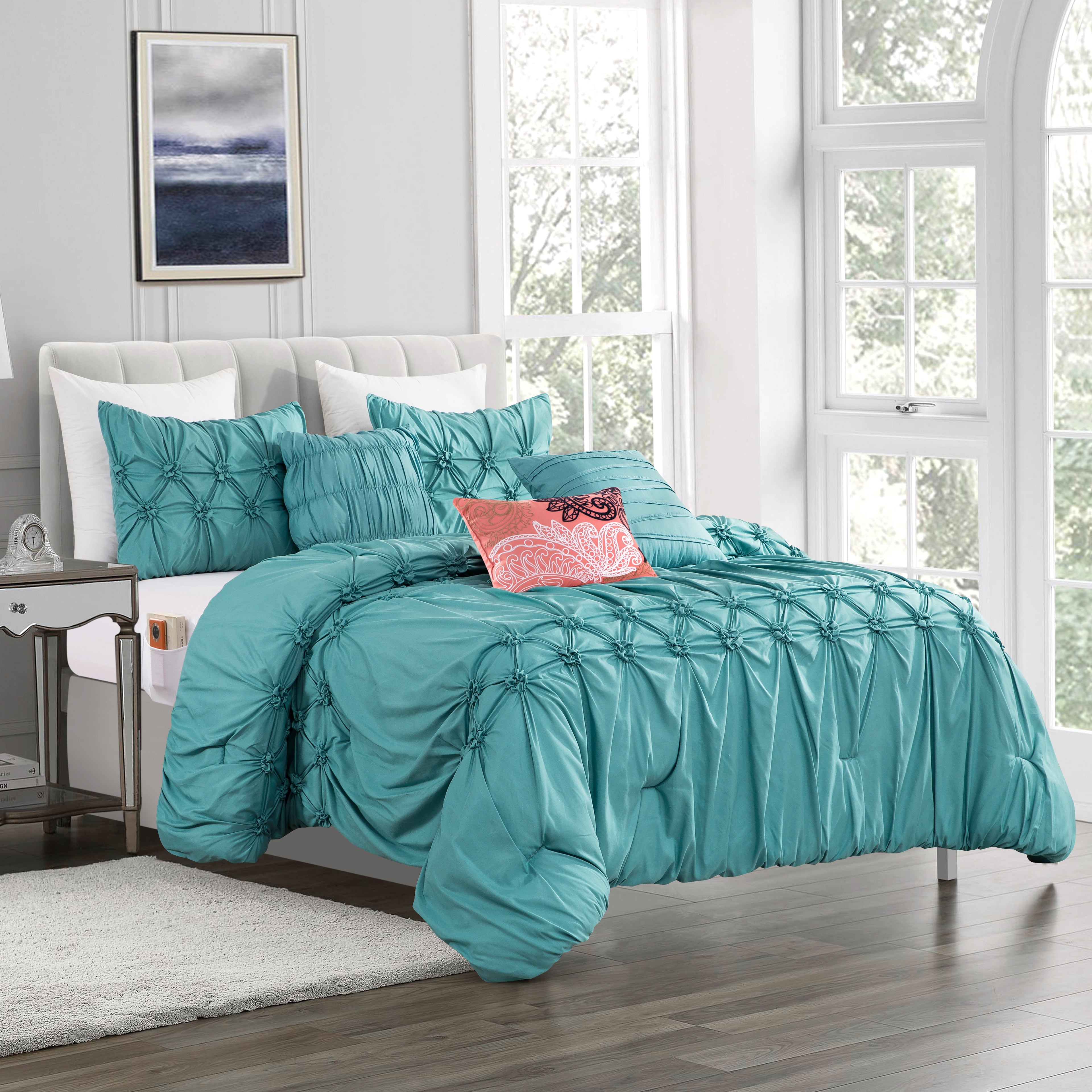 12-Piece Ella Pleated Ruched Pintuck Comforter Set, Includes 6-Piece Sheet Set with Double Sided Storage Pockets