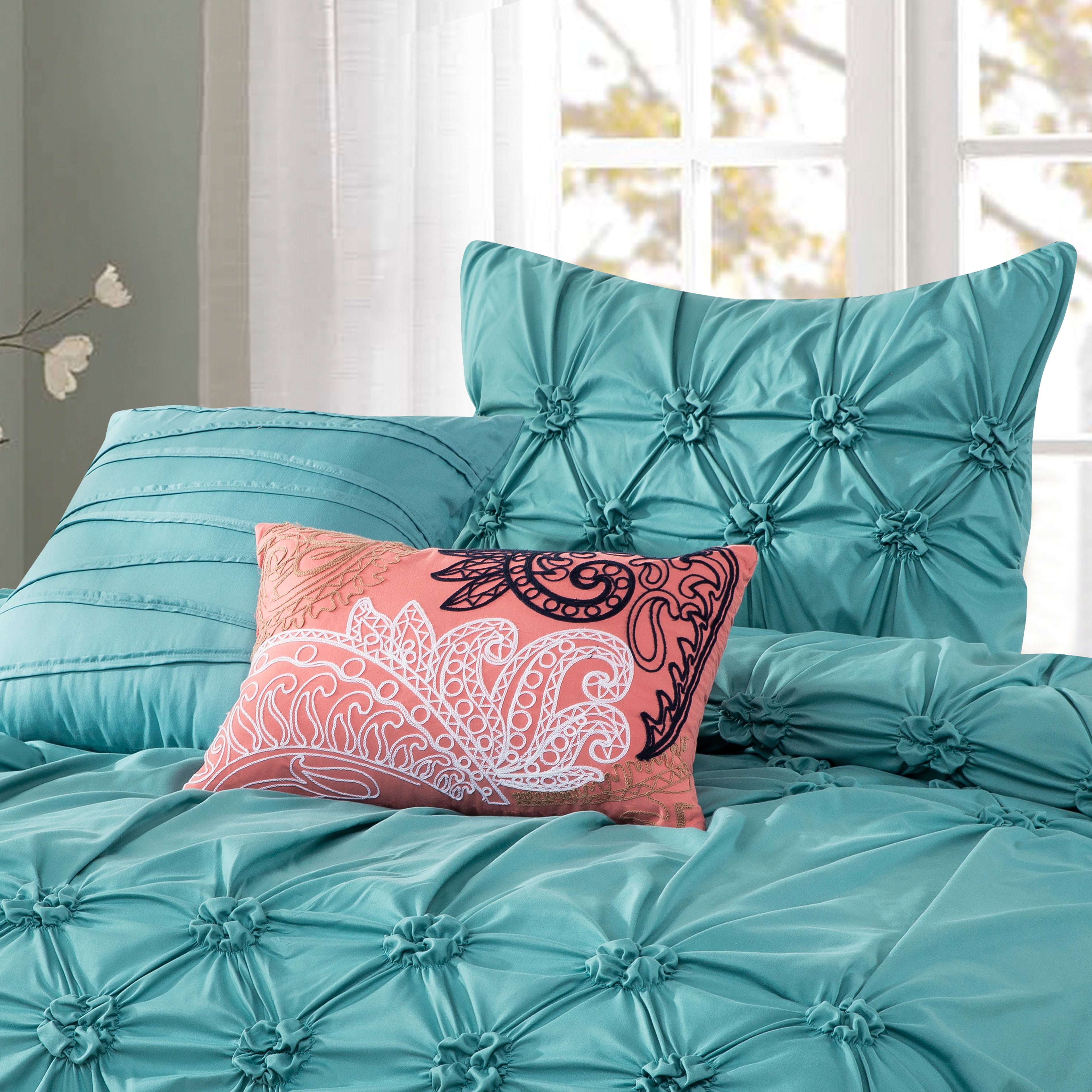 12-Piece Ella Pleated Ruched Pintuck Comforter Set, Includes 6-Piece Sheet Set with Double Sided Storage Pockets