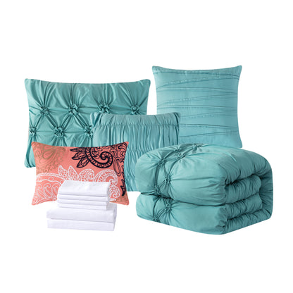 Elegant Comfort 12-Piece Ella Pleated Ruched Pintuck Comforter Set, Includes 6-Piece Sheet Set with Double Sided Storage Pockets