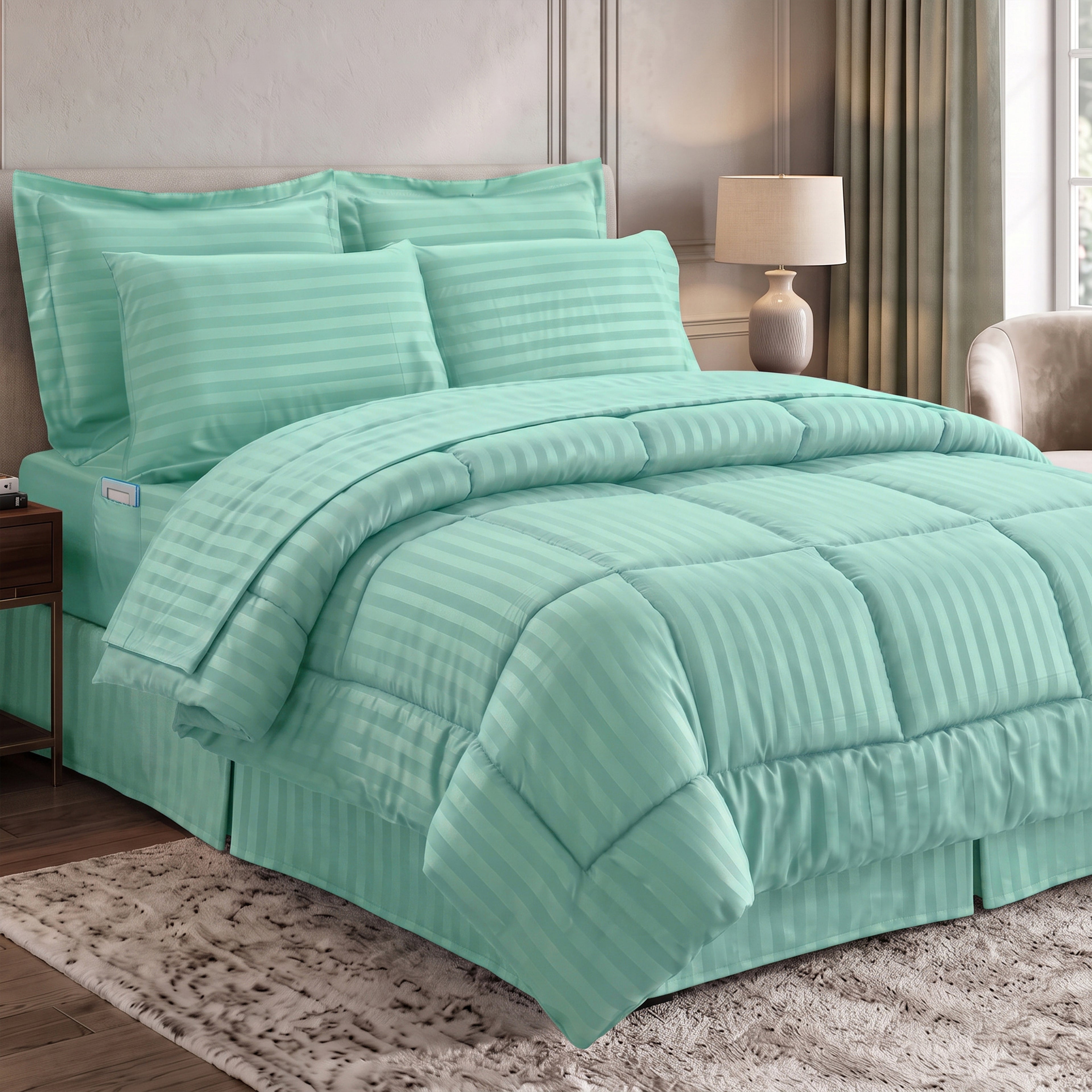 8-Piece Dobby Stripe Comforter Set - Includes 4-Piece Sheet Set with Double Sided Storage Pockets