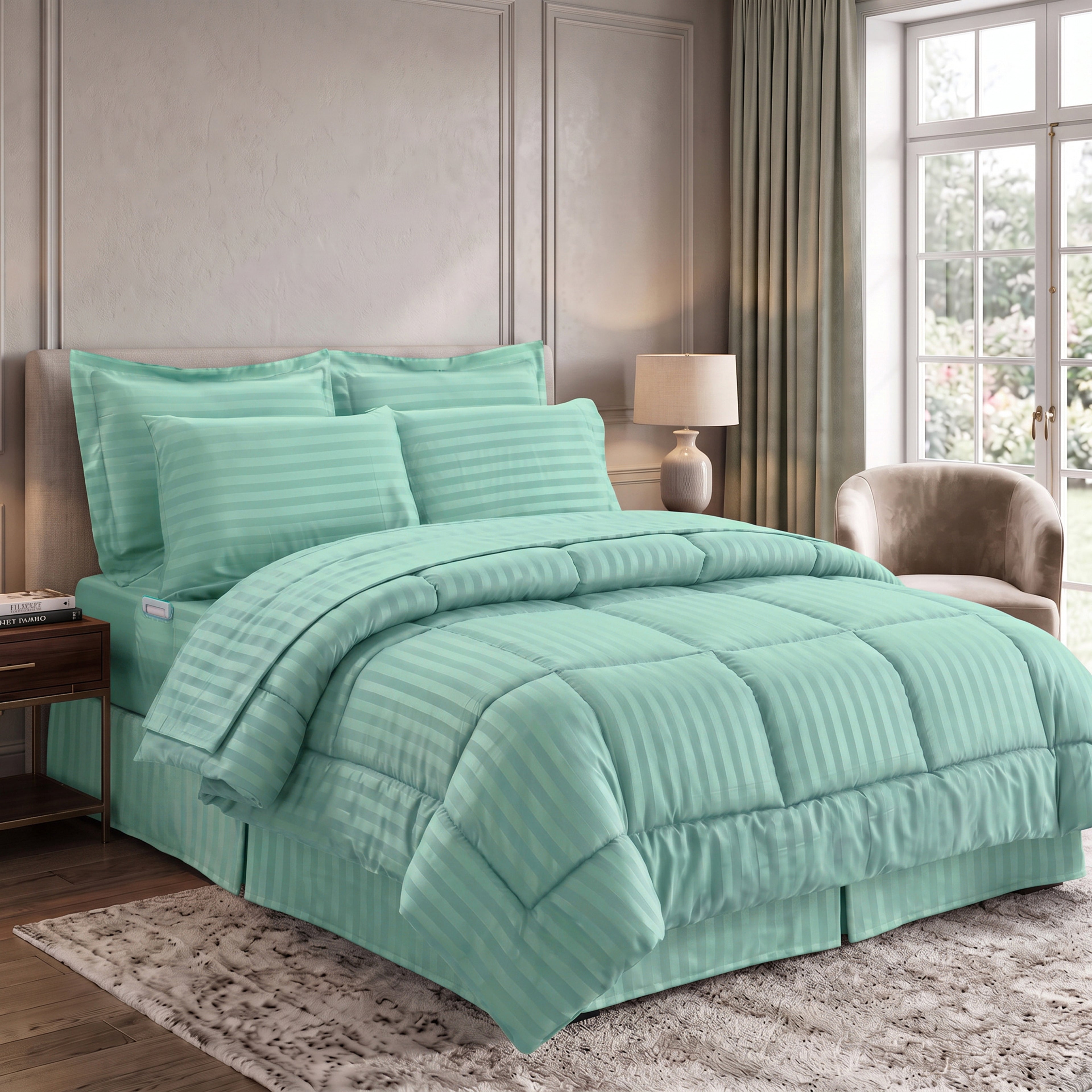 8-Piece Dobby Stripe Comforter Set - Includes 4-Piece Sheet Set with Double Sided Storage Pockets