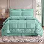 8-Piece Dobby Stripe Comforter Set - Includes 4-Piece Sheet Set with Double Sided Storage Pockets