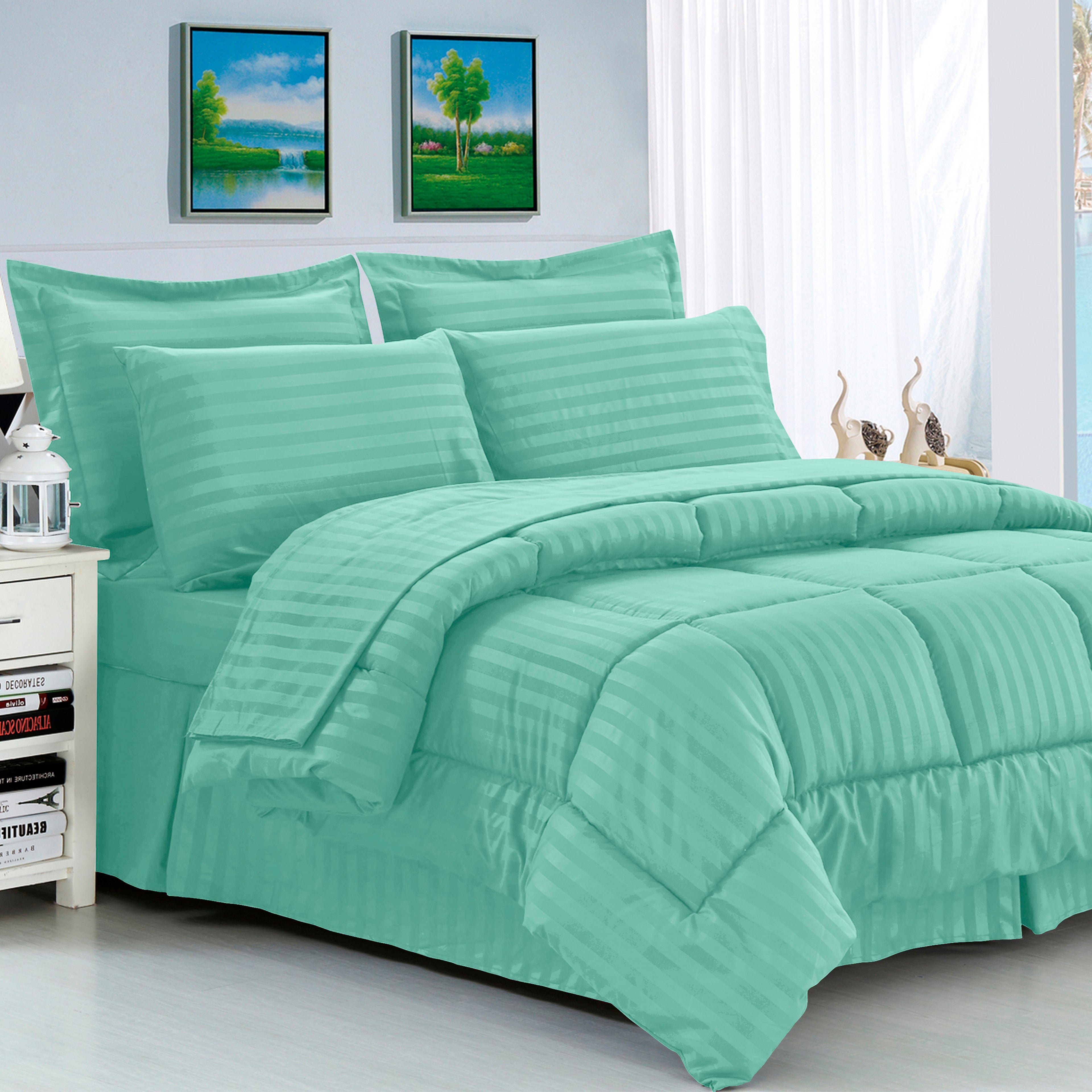 8-Piece Dobby Stripe Comforter Set - Includes 4-Piece Sheet Set with Double Sided Storage Pockets