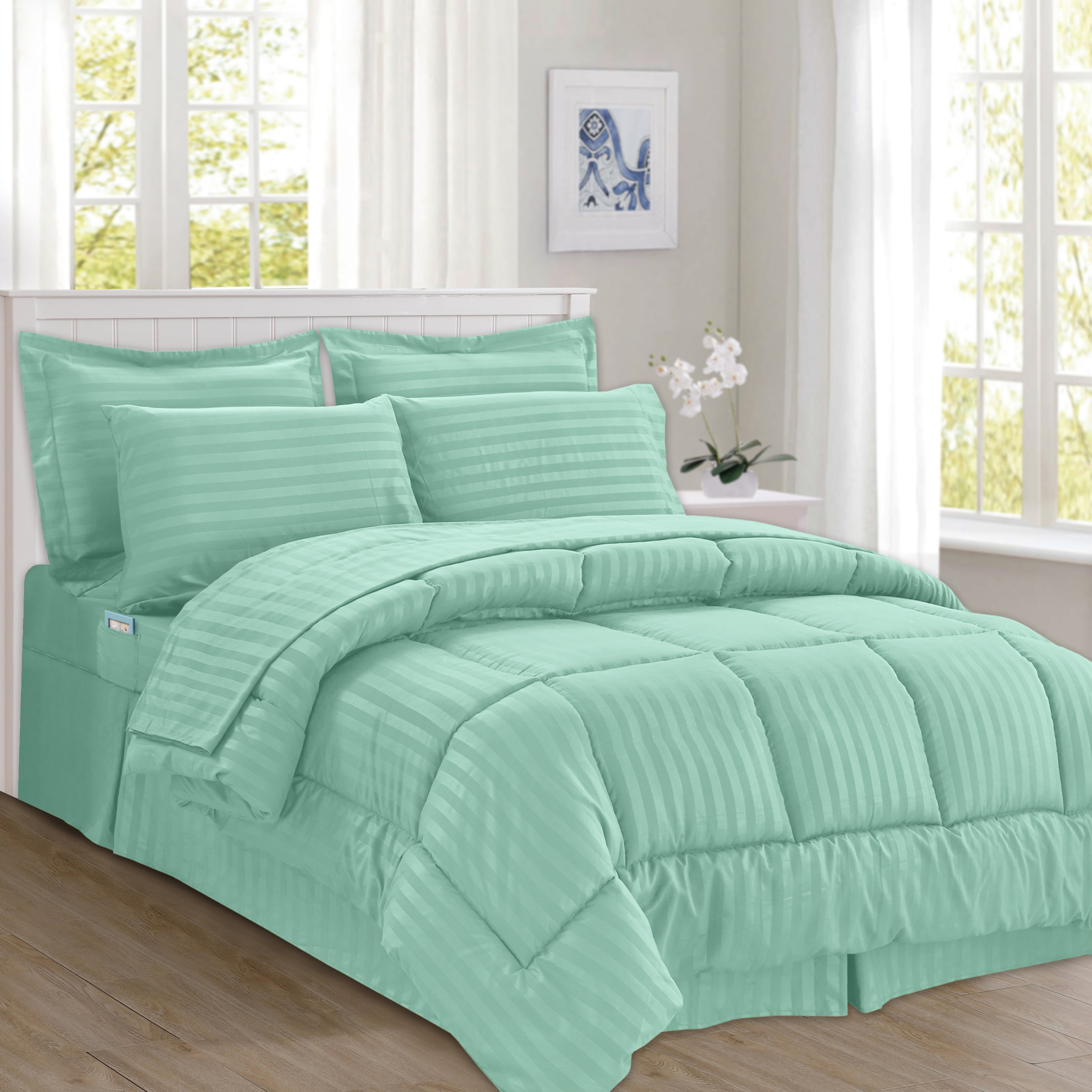 8-Piece Dobby Stripe Comforter Set - Includes 4-Piece Sheet Set with Double Sided Storage Pockets