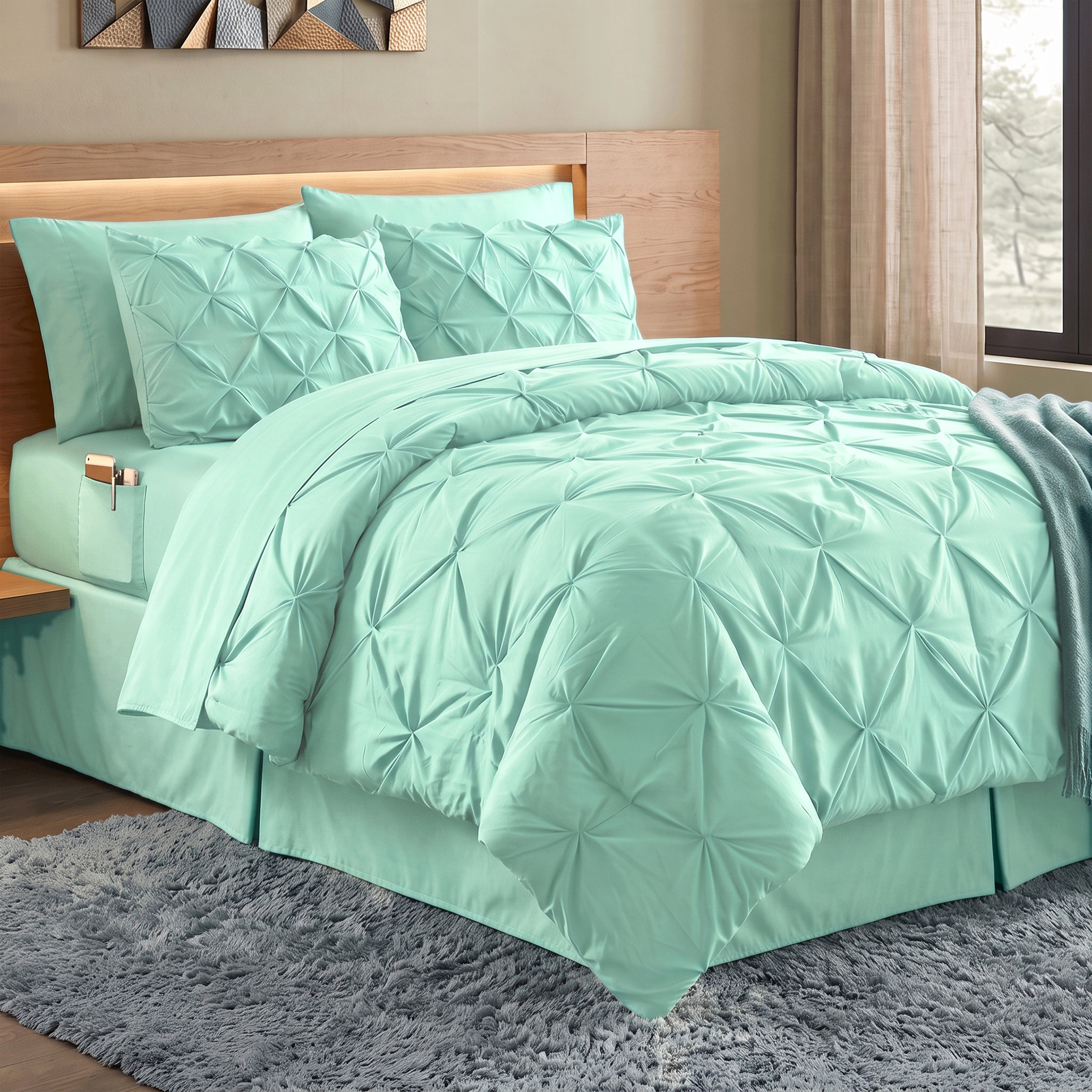 8-Piece Pintuck Pinch Pleated Comforter Set - Includes 4-Piece Sheet Set with Double Sided Storage Pockets