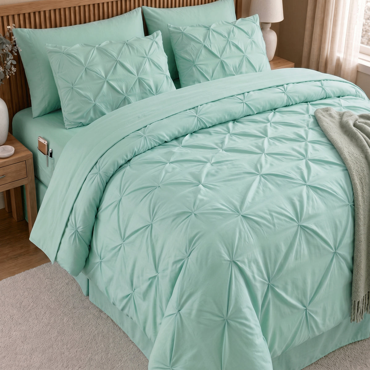 8-Piece Pintuck Pinch Pleated Comforter Set - Includes 4-Piece Sheet Set with Double Sided Storage Pockets