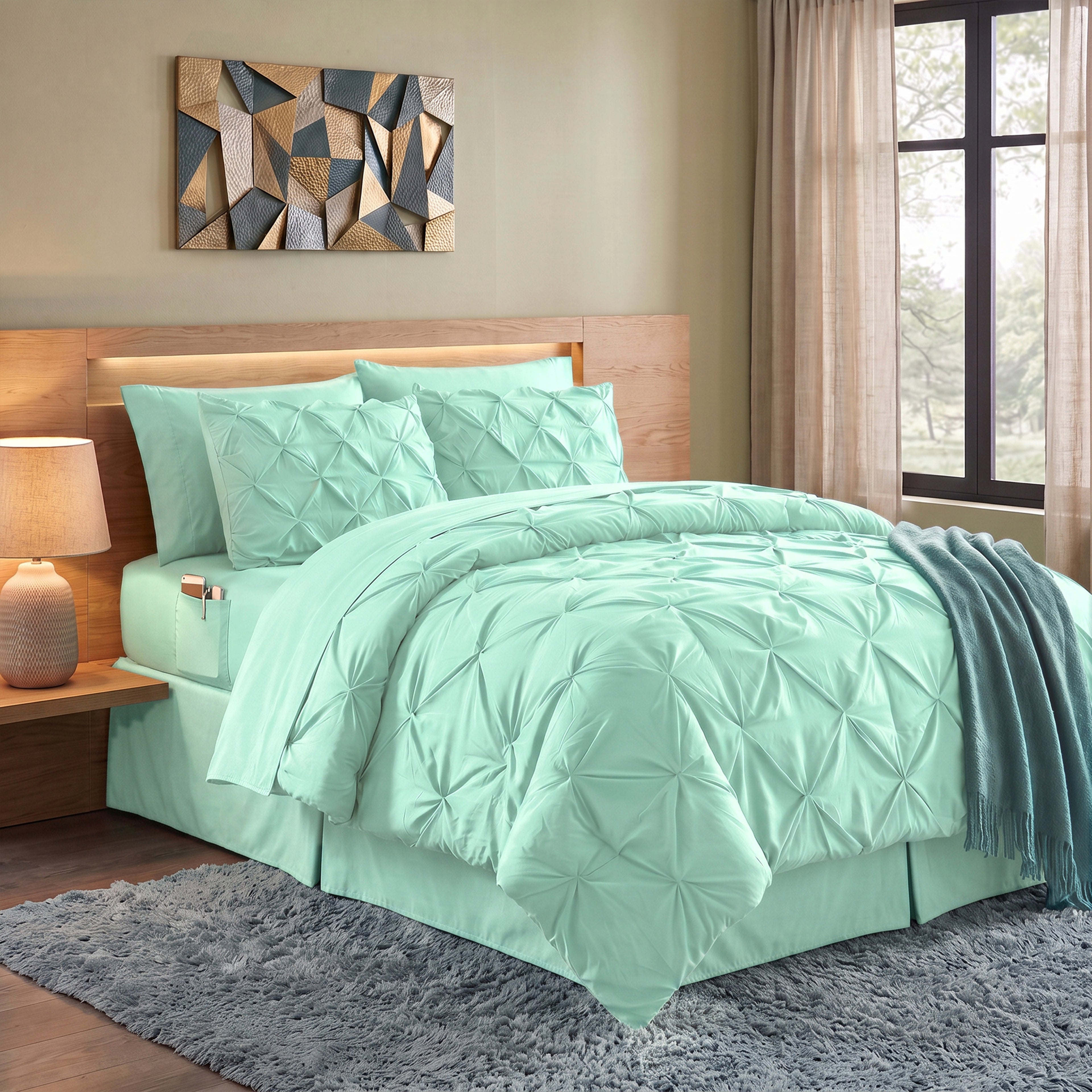 8-Piece Pintuck Pinch Pleated Comforter Set - Includes 4-Piece Sheet Set with Double Sided Storage Pockets