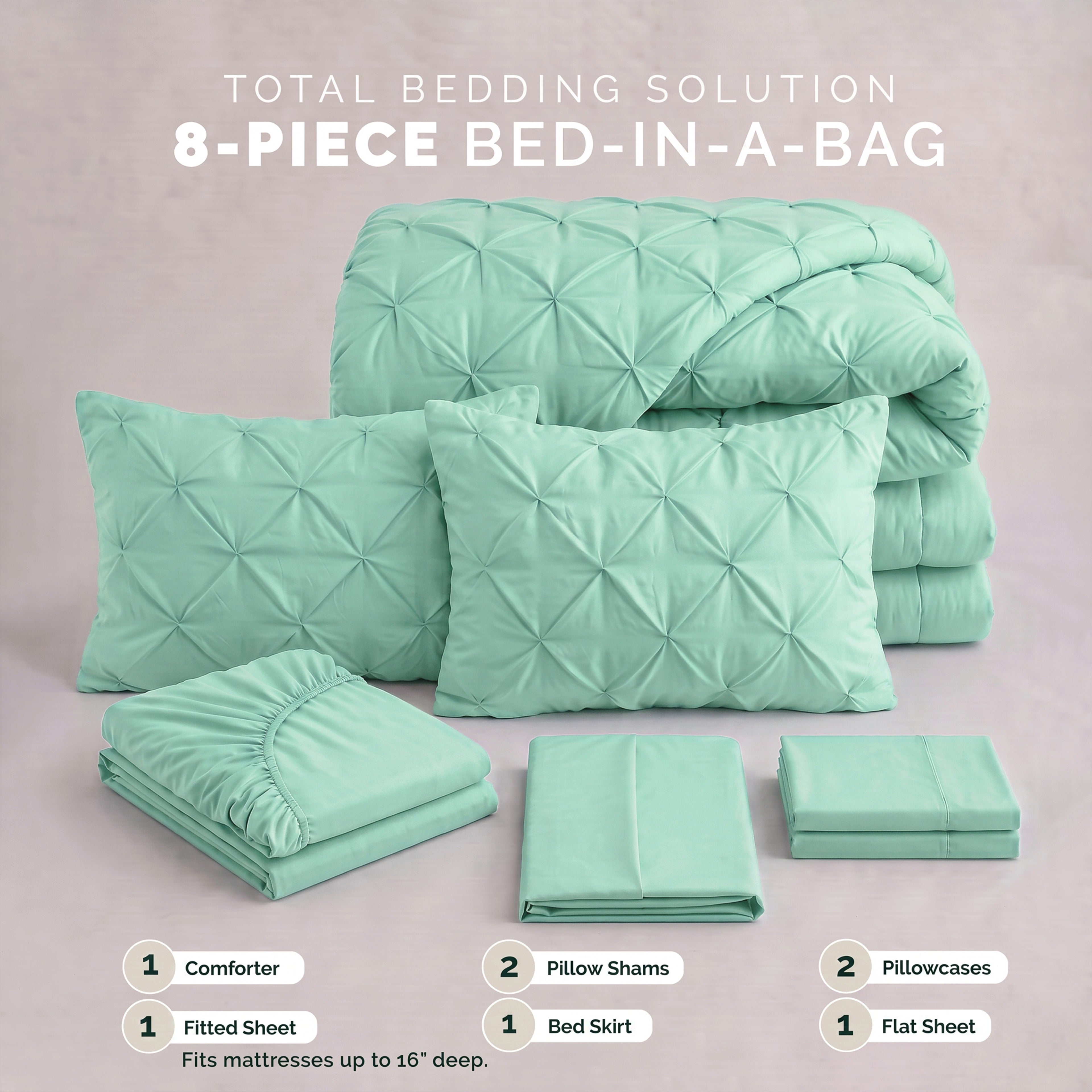 8-Piece Pintuck Pinch Pleated Comforter Set - Includes 4-Piece Sheet Set with Double Sided Storage Pockets