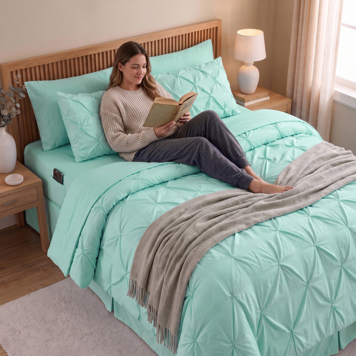 8-Piece Pintuck Pinch Pleated Comforter Set - Includes 4-Piece Sheet Set with Double Sided Storage Pockets