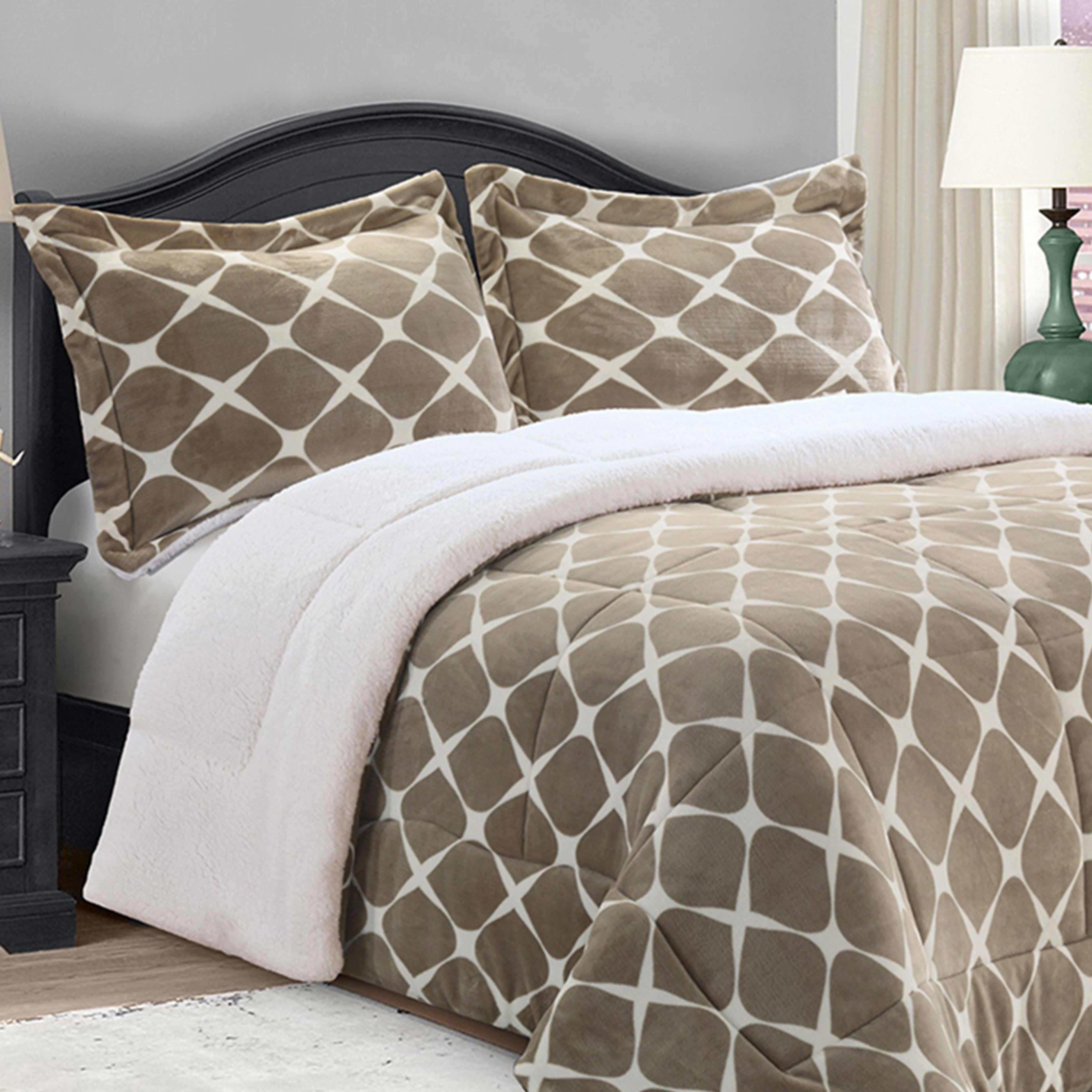 3-Piece Micro-Suede Reversible Sherpa - Bloomingdale Pattern Comforter Set