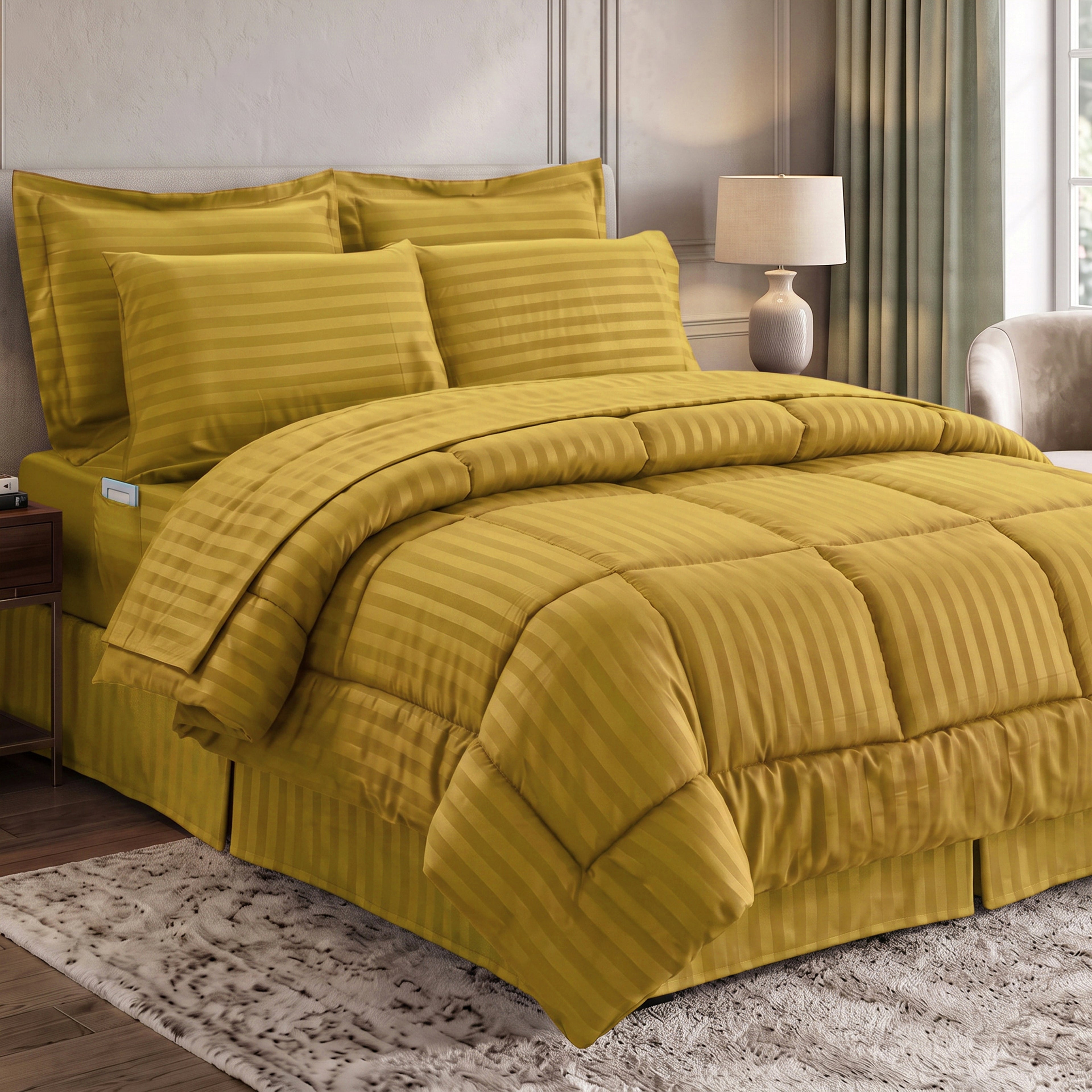 8-Piece Dobby Stripe Comforter Set - Includes 4-Piece Sheet Set with Double Sided Storage Pockets