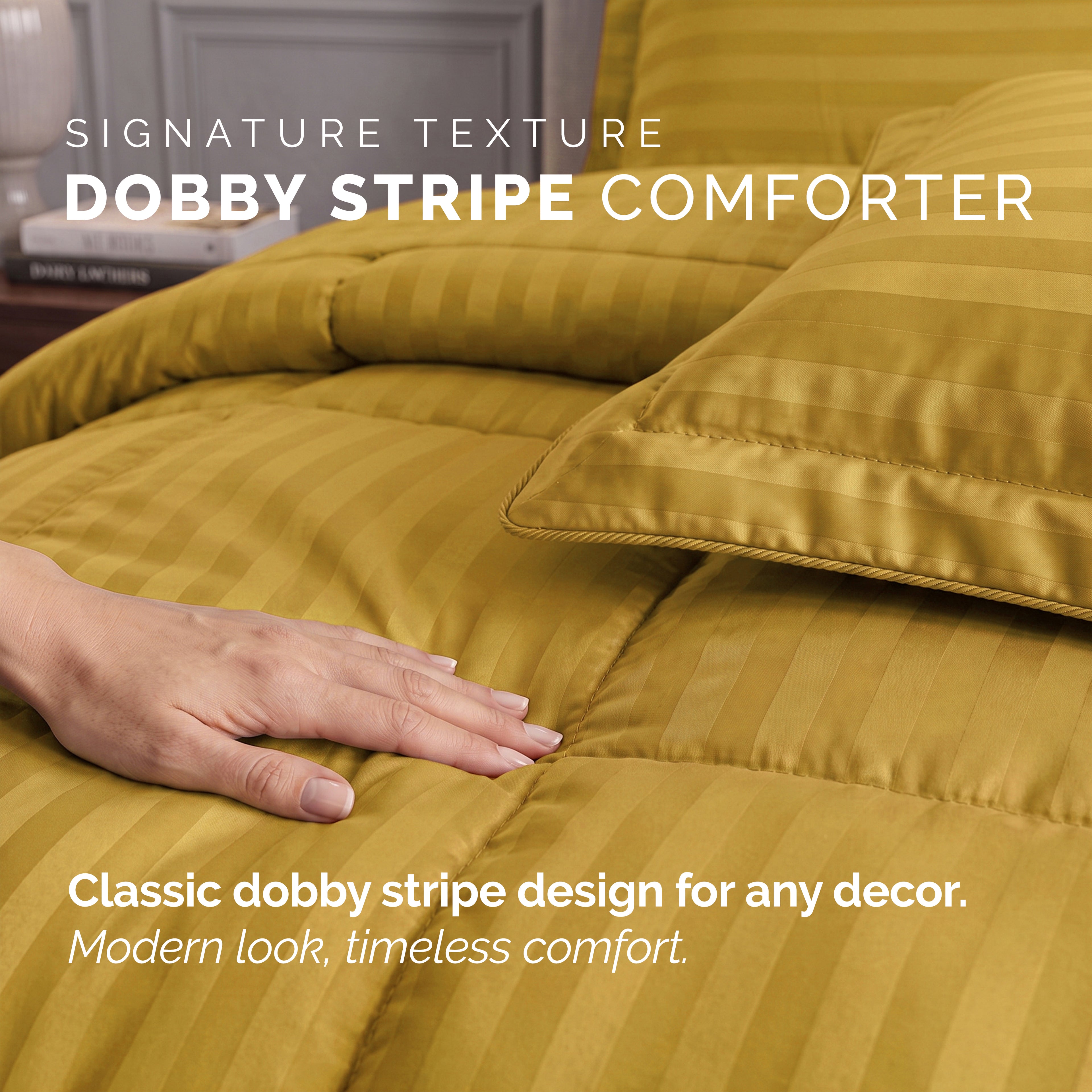8-Piece Dobby Stripe Comforter Set - Includes 4-Piece Sheet Set with Double Sided Storage Pockets