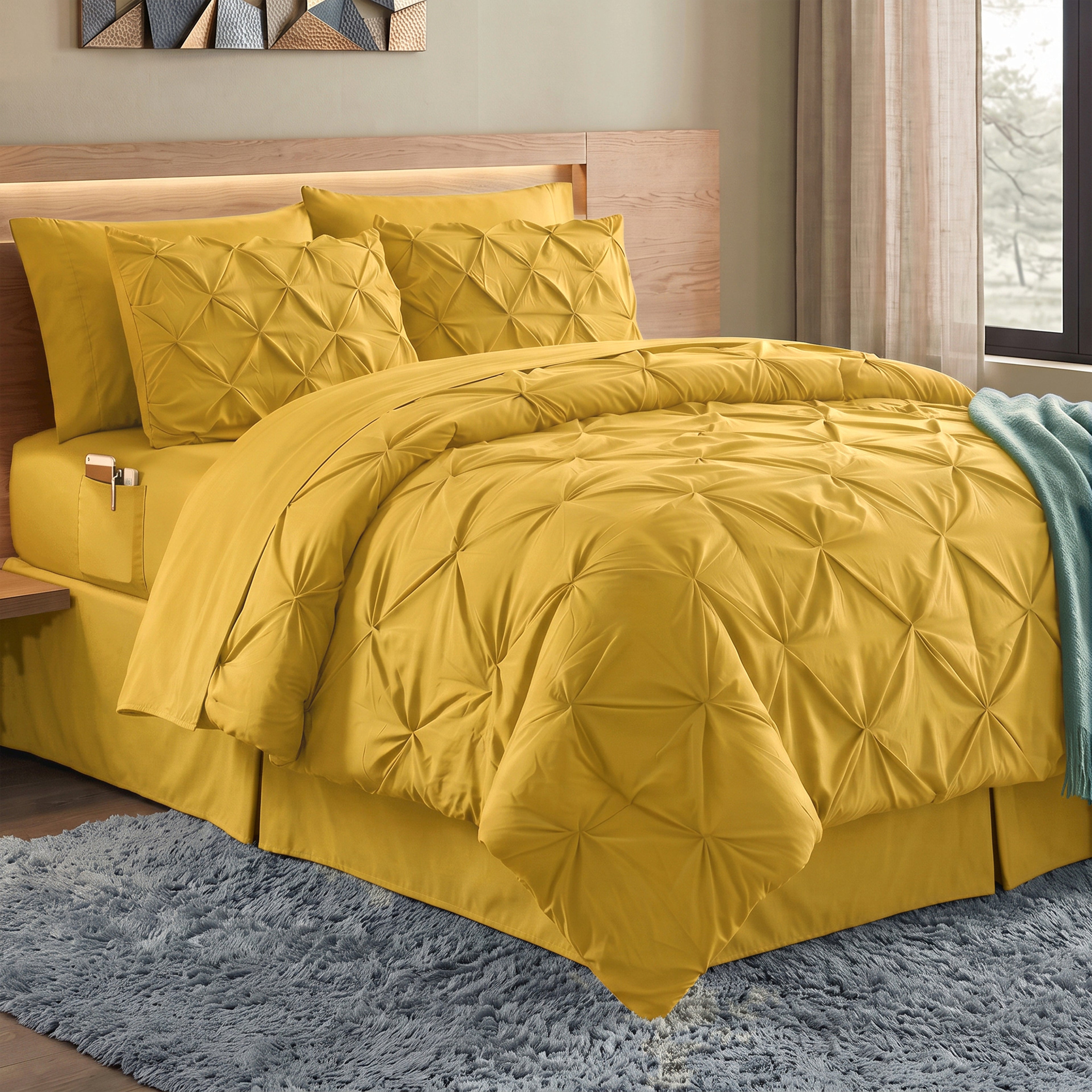 8-Piece Pintuck Pinch Pleated Comforter Set - Includes 4-Piece Sheet Set with Double Sided Storage Pockets