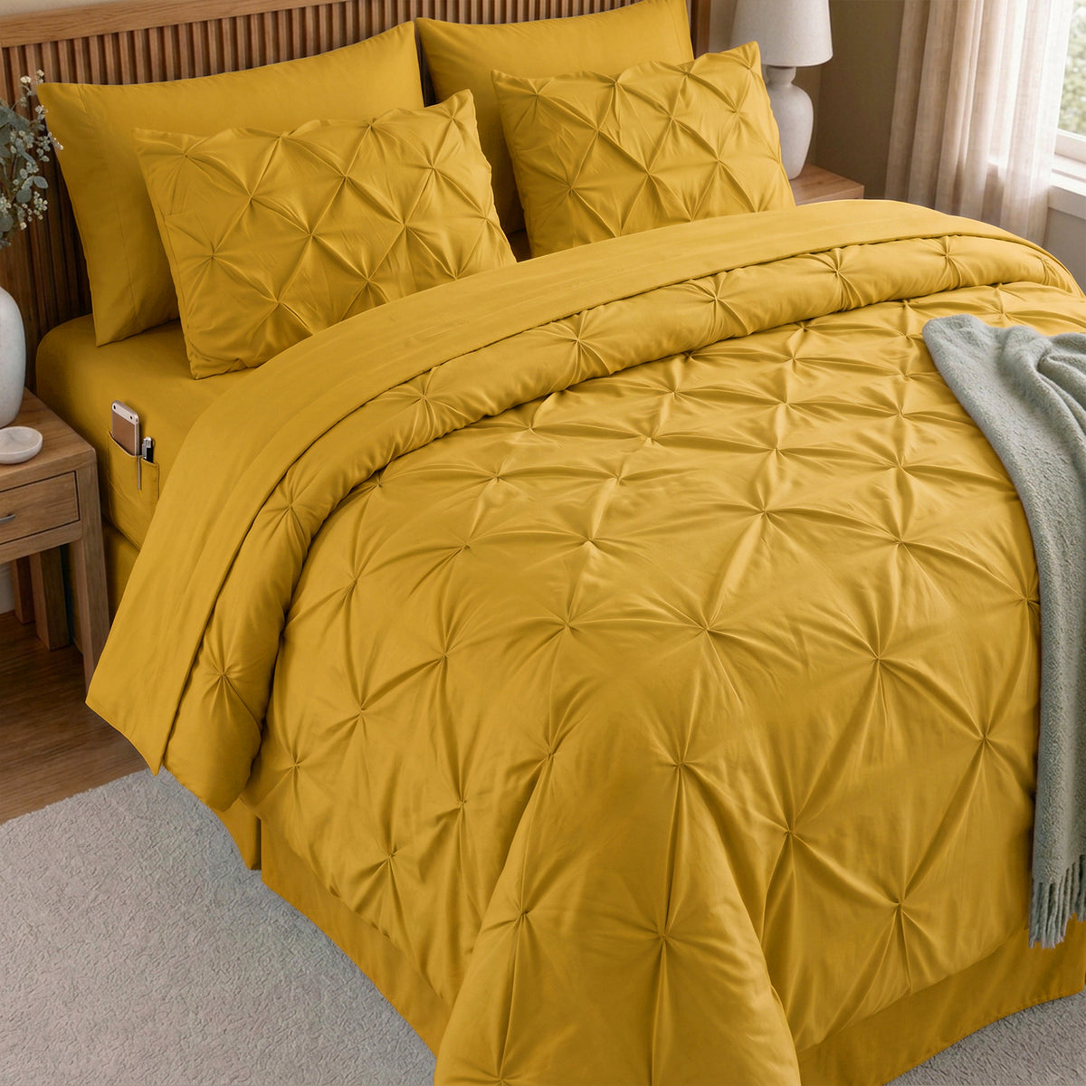 8-Piece Pintuck Pinch Pleated Comforter Set - Includes 4-Piece Sheet Set with Double Sided Storage Pockets