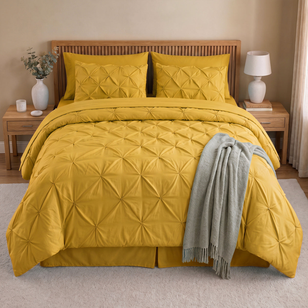 8-Piece Pintuck Pinch Pleated Comforter Set - Includes 4-Piece Sheet Set with Double Sided Storage Pockets