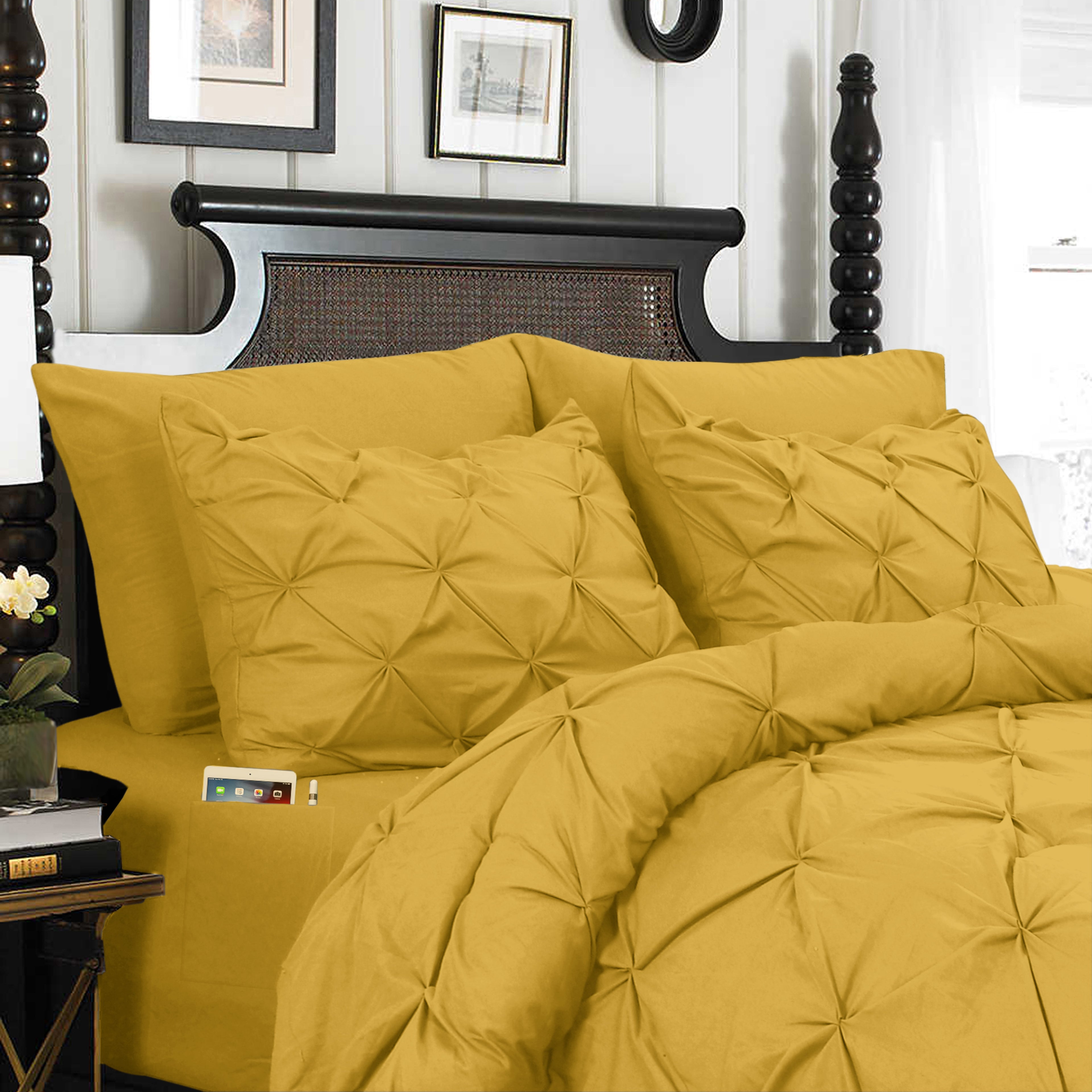 8-Piece Pintuck Pinch Pleated Comforter Set - Includes 4-Piece Sheet Set with Double Sided Storage Pockets