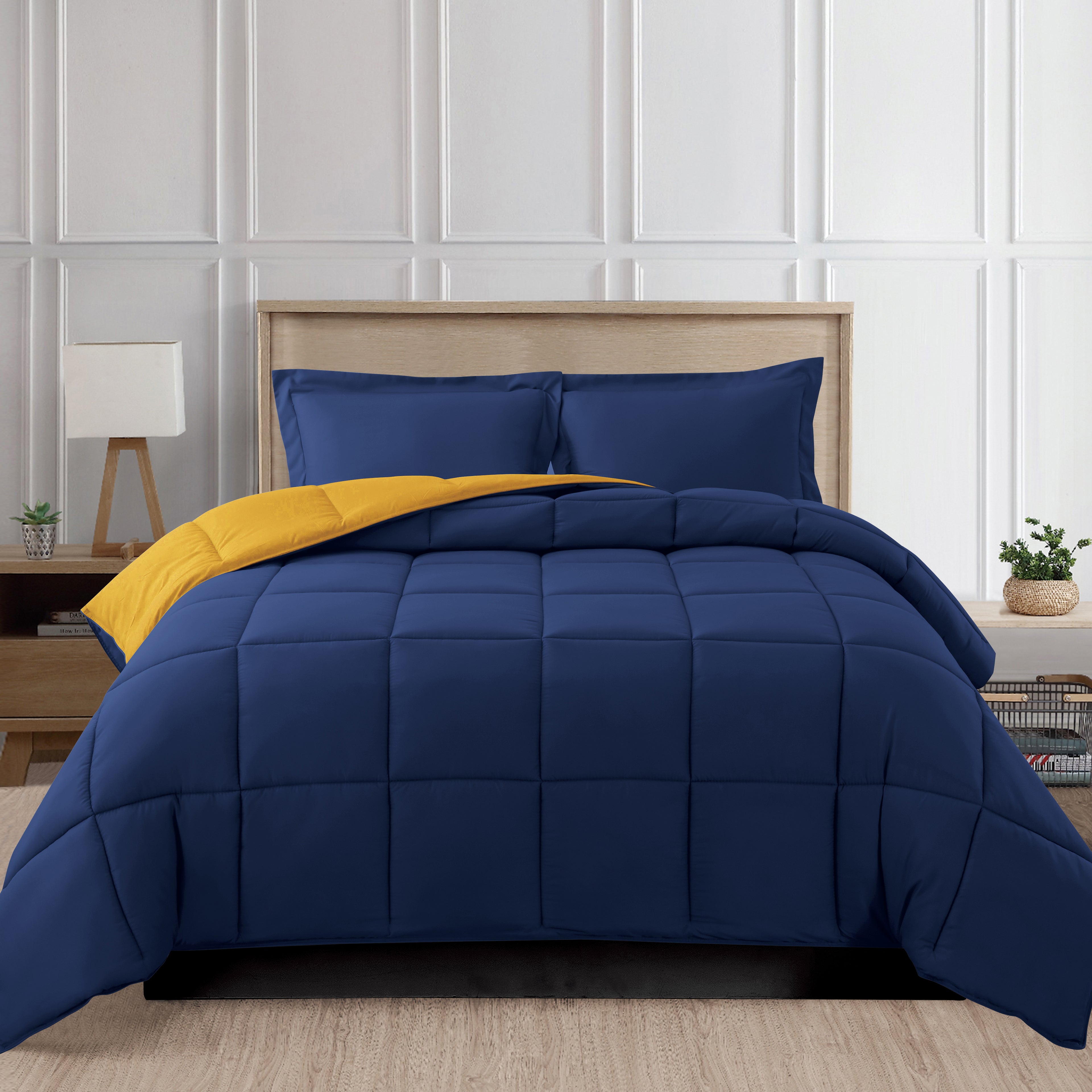 Reversible 3-Piece Box Stitched Comforter & Shams - Duvet Insert with 4 Corner Tabs