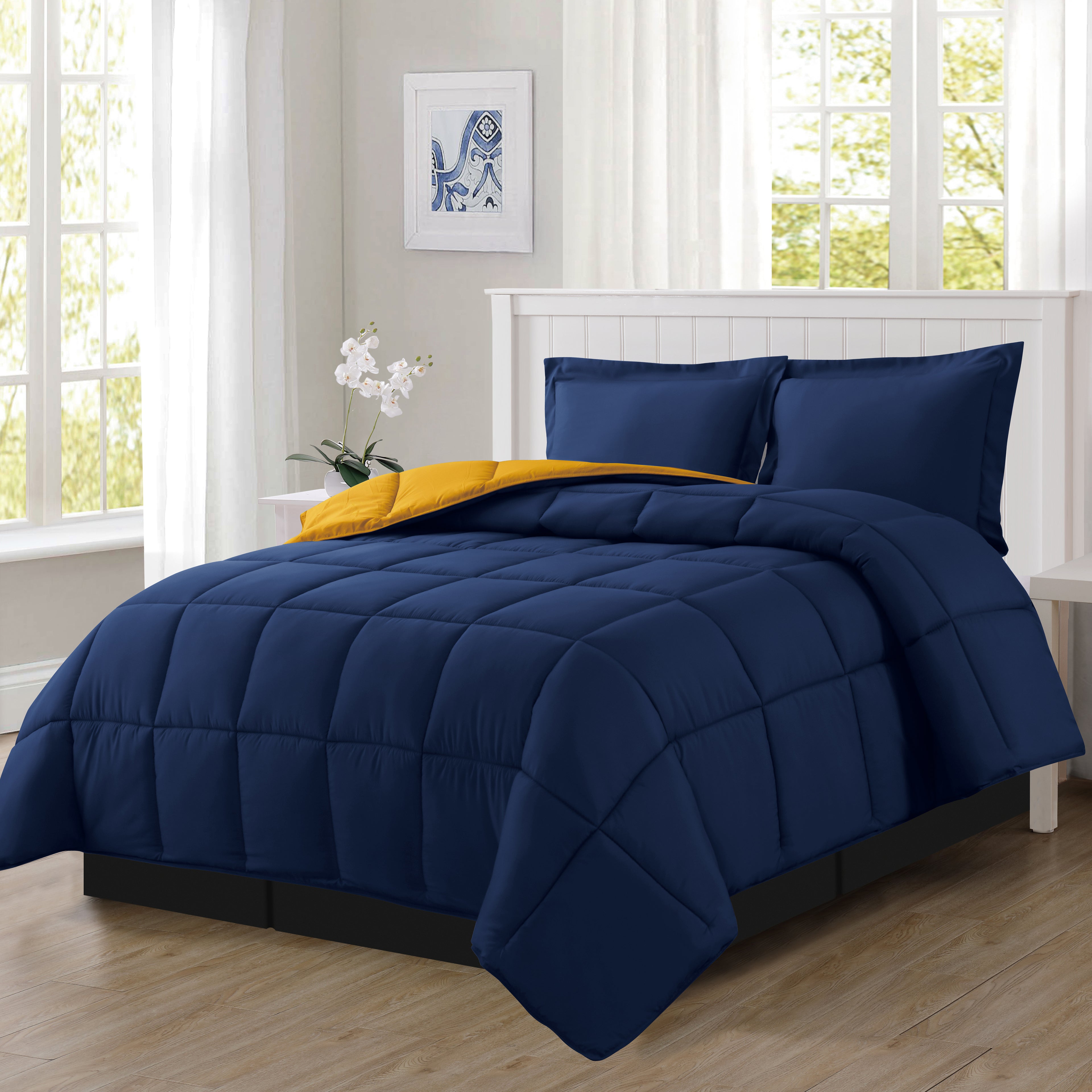 Reversible 3-Piece Box Stitched Comforter & Shams - Duvet Insert with 4 Corner Tabs