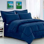 8-Piece Dobby Stripe Comforter Set - Includes 4-Piece Sheet Set with Double Sided Storage Pockets