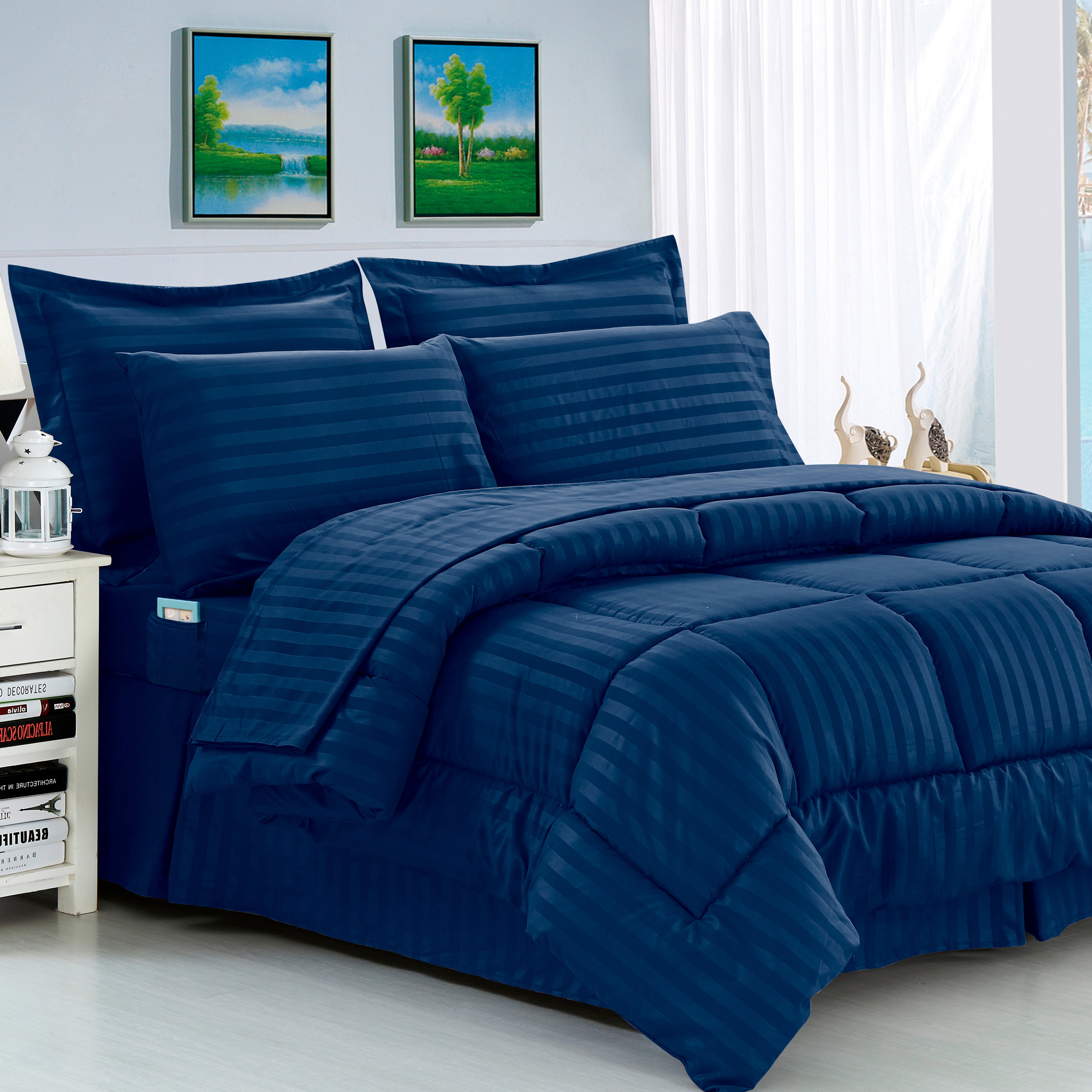 8-Piece Dobby Stripe Comforter Set - Includes 4-Piece Sheet Set with Double Sided Storage Pockets