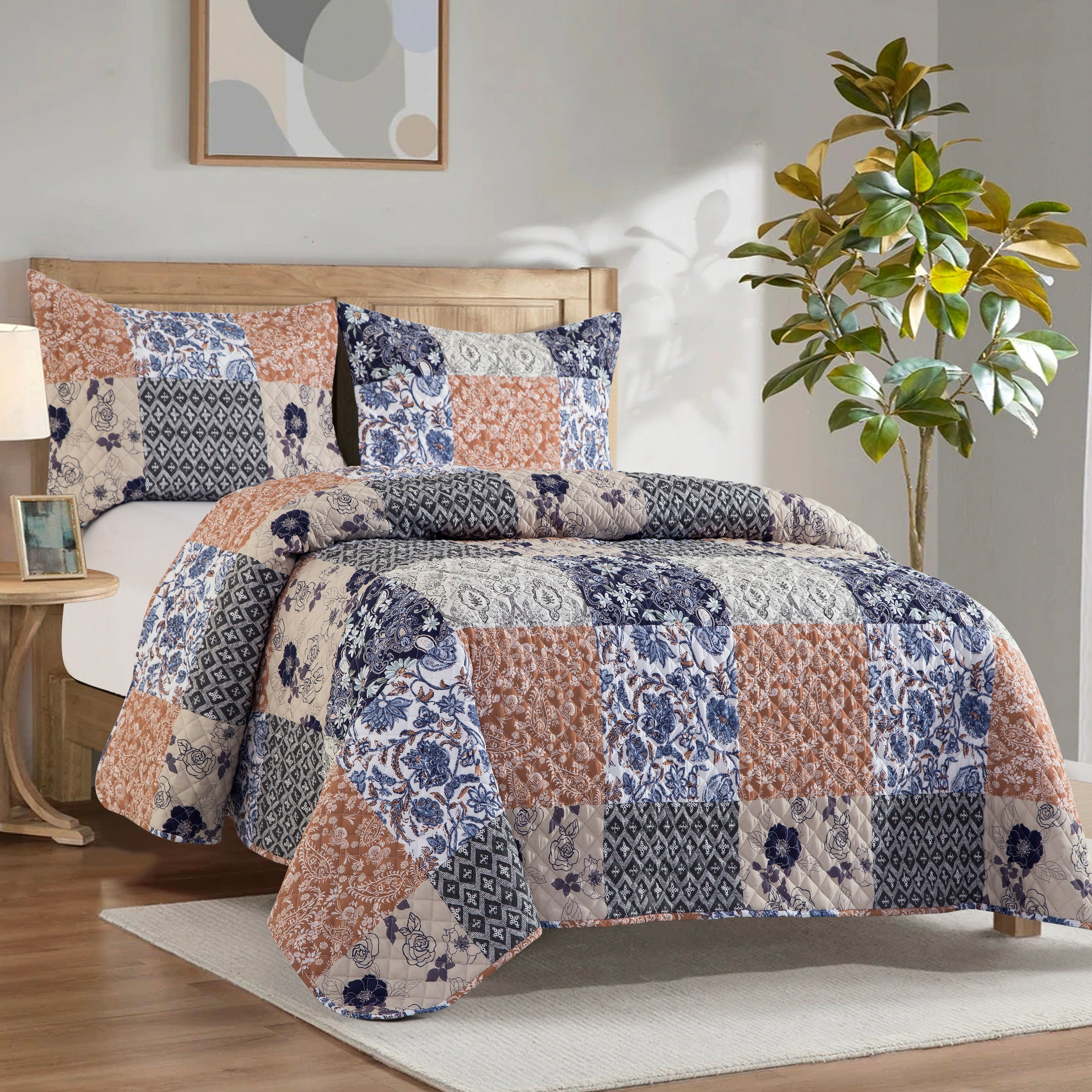 3-Piece Patch Plaid Quilted Reversible Bedspread Coverlet Set