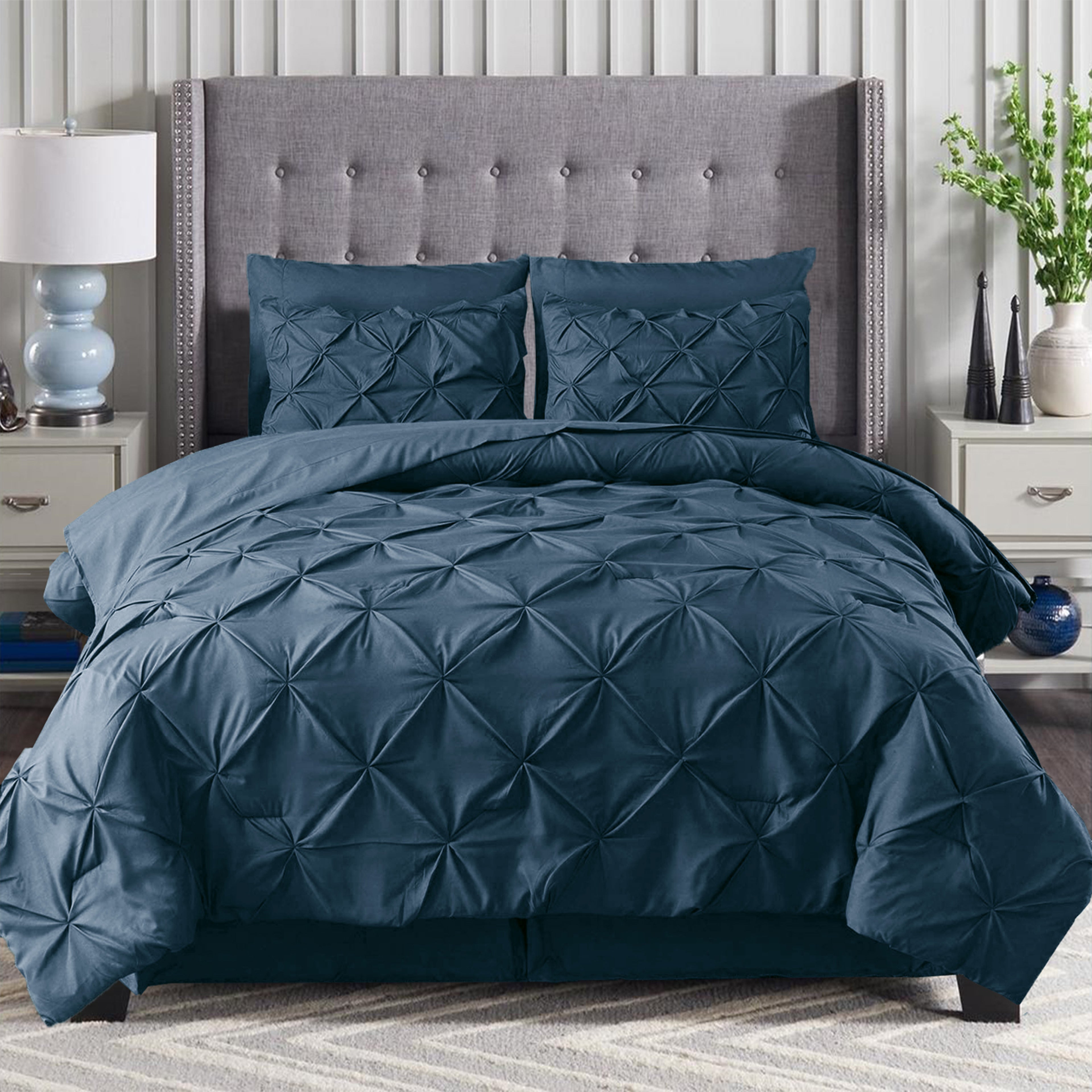 8-Piece Pintuck Pinch Pleated Comforter Set - Includes 4-Piece Sheet Set with Double Sided Storage Pockets